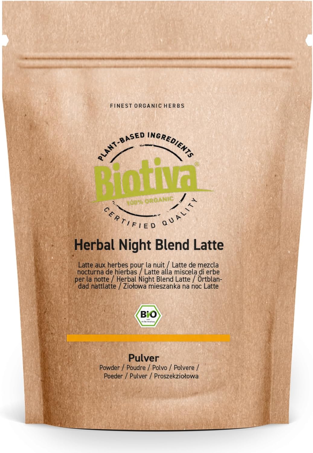 Biotiva Herbal Night Blend Latte Bio 180g – Mit Ashwagandha, Reishi, Melisse, Kamille, Zimt & mehr – 100% naturrein & vegan – Aus ökologischem Anbau – DE-ÖKO-005