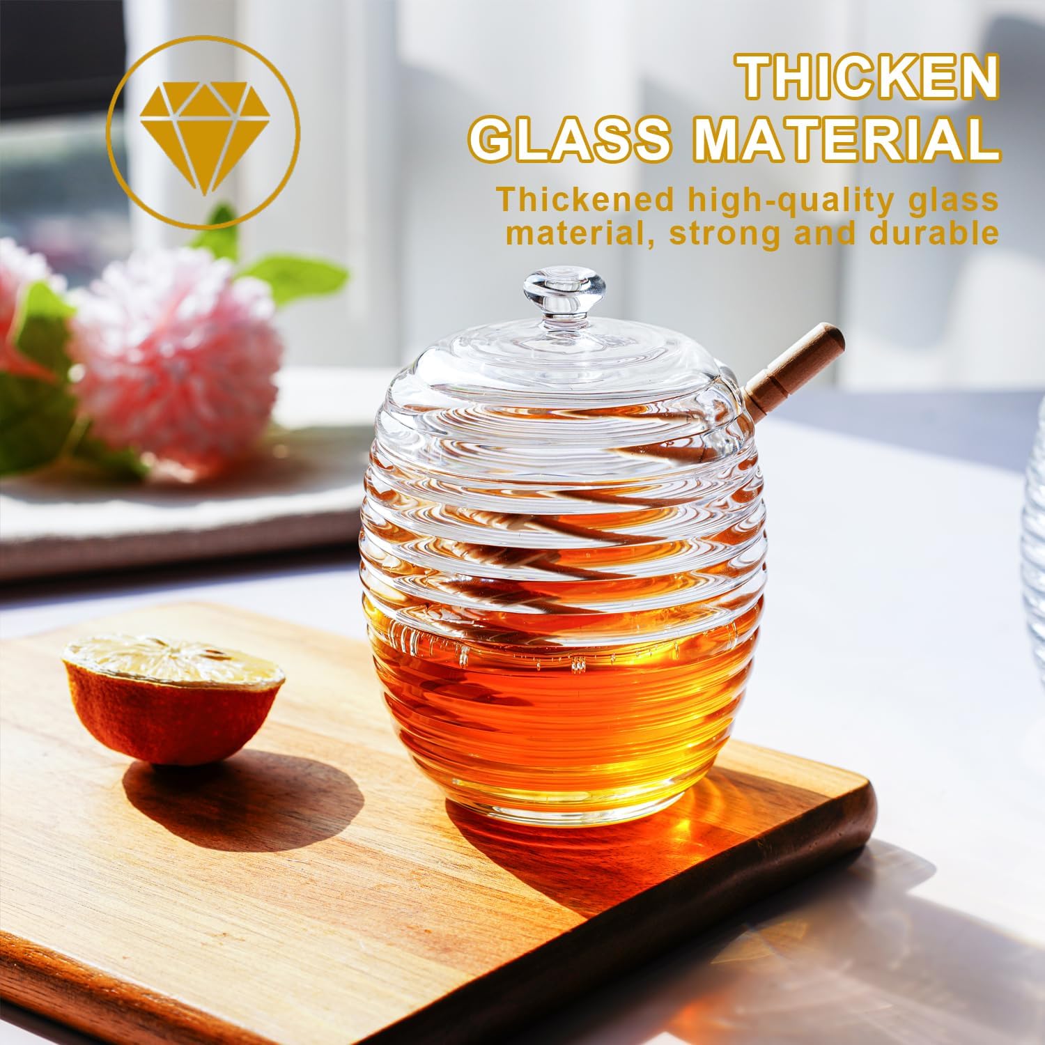 kanpura Glass Honey Dispenser Honey Jar with Dipper Clear Crystal Honey Pot for Christmas Home Kitchen Decoration Storage Honey Syrup Easy Clean 9oz – Bild 4