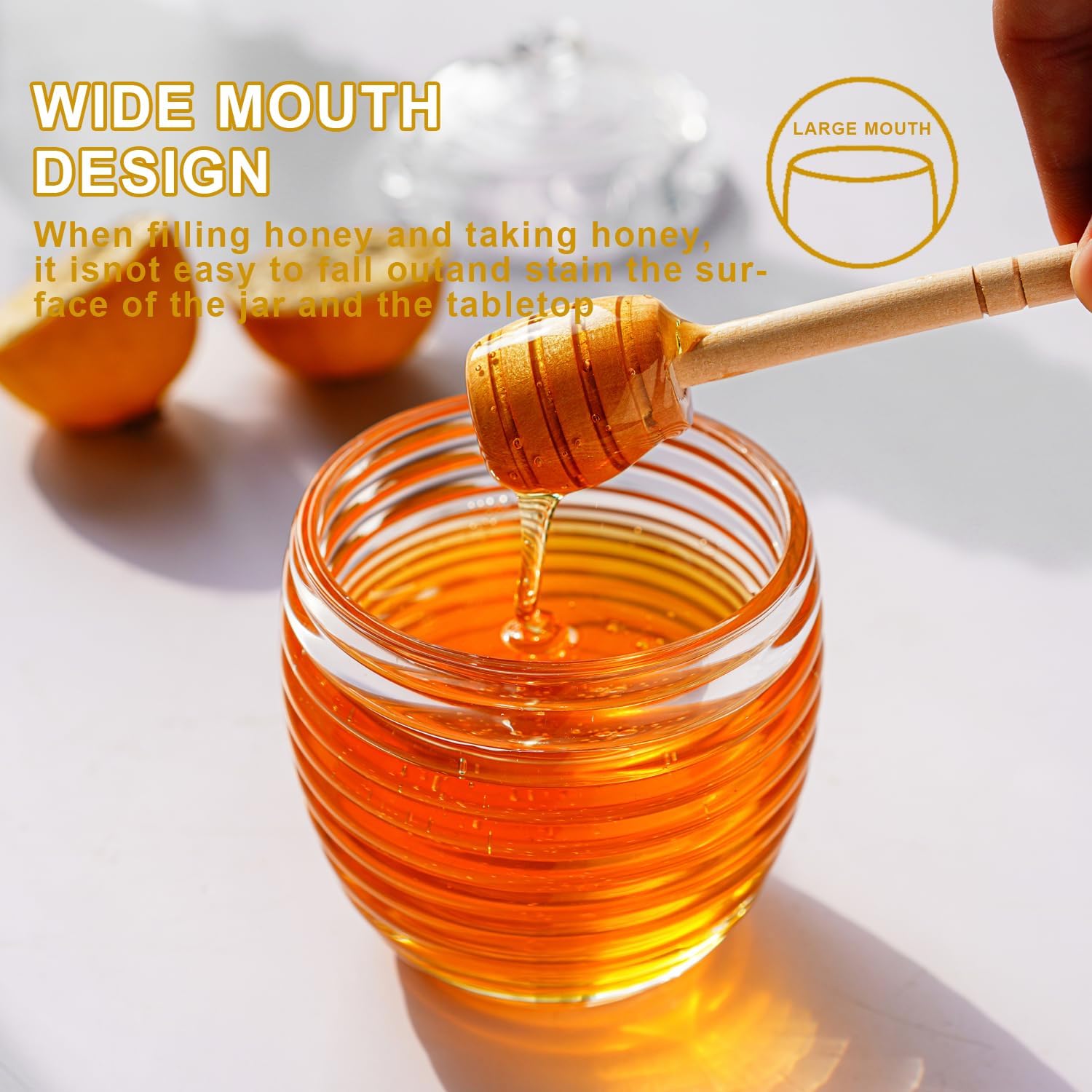 kanpura Glass Honey Dispenser Honey Jar with Dipper Clear Crystal Honey Pot for Christmas Home Kitchen Decoration Storage Honey Syrup Easy Clean 9oz – Bild 2