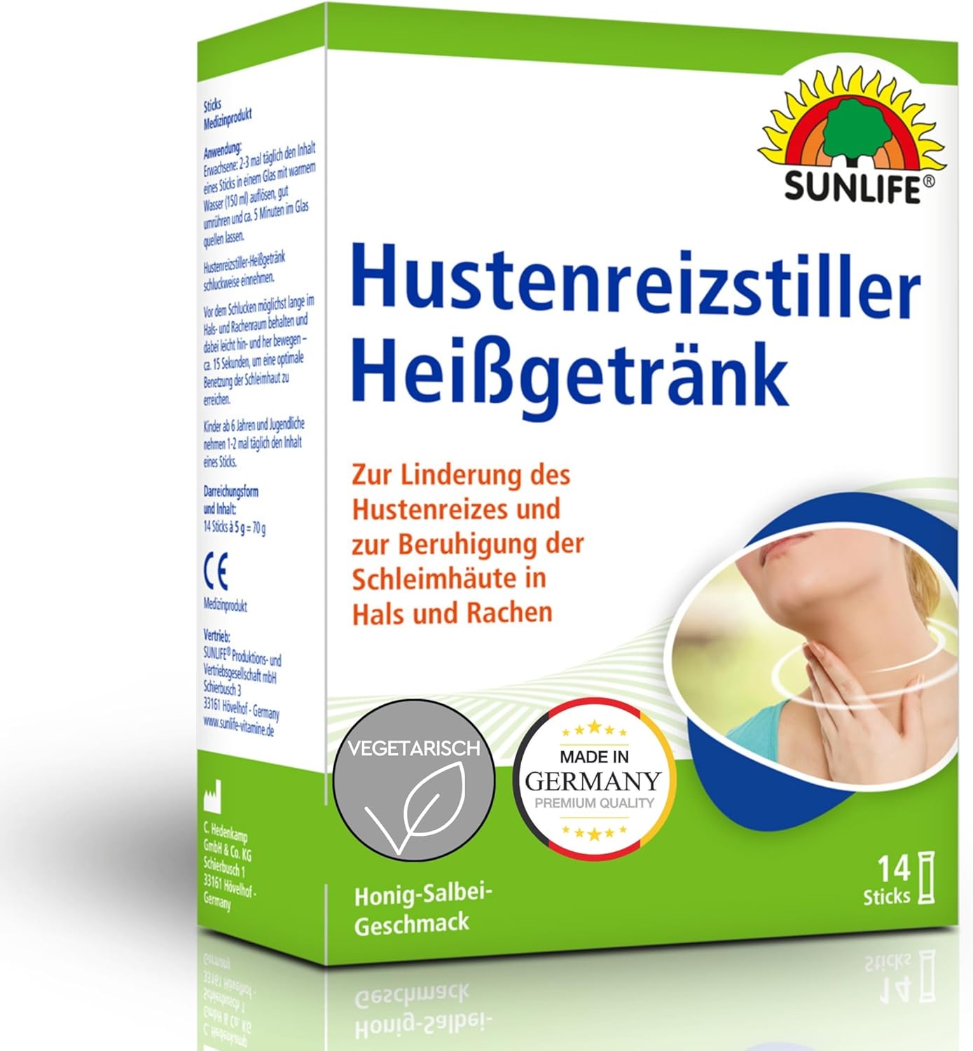 SUNLIFE Cough Stimulator Hot Drink - 1 x 14 Powder Sticks - Cough Remover with Active Ingredient Rubber Arabic - Honey Sage Flavour - Cough and Sore Throat Remedy