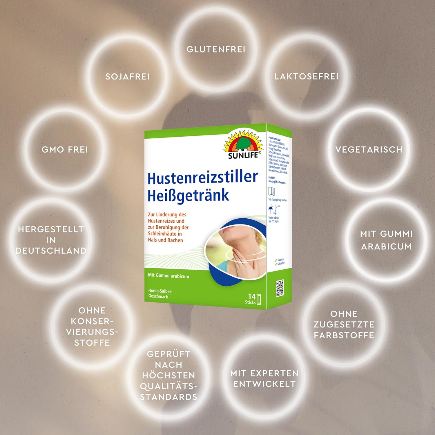 SUNLIFE Cough Stimulator Hot Drink - 1 x 14 Powder Sticks - Cough Remover with Active Ingredient Rubber Arabic - Honey Sage Flavour - Cough and Sore Throat Remedy – Bild 6