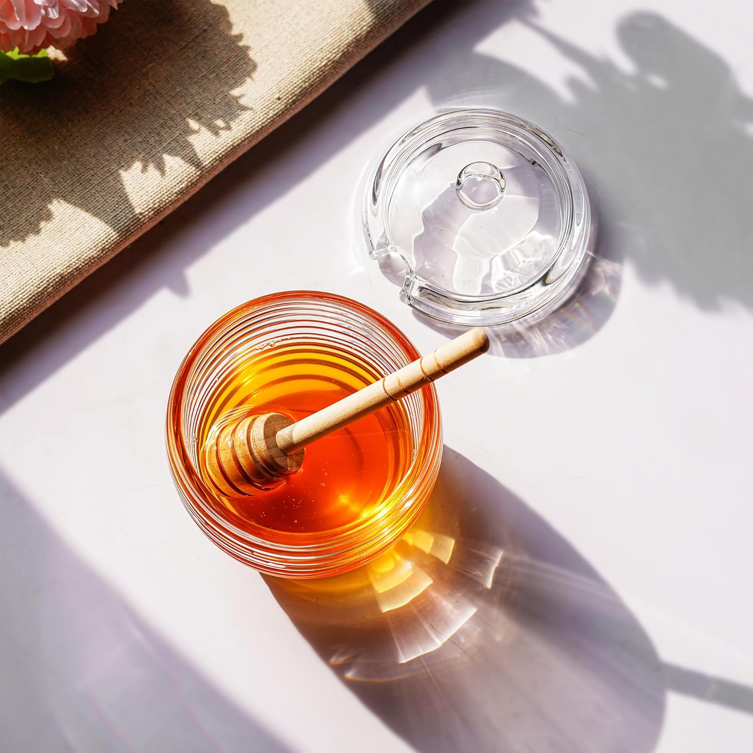 kanpura Glass Honey Dispenser Honey Jar with Dipper Clear Crystal Honey Pot for Christmas Home Kitchen Decoration Storage Honey Syrup Easy Clean 9oz – Bild 7