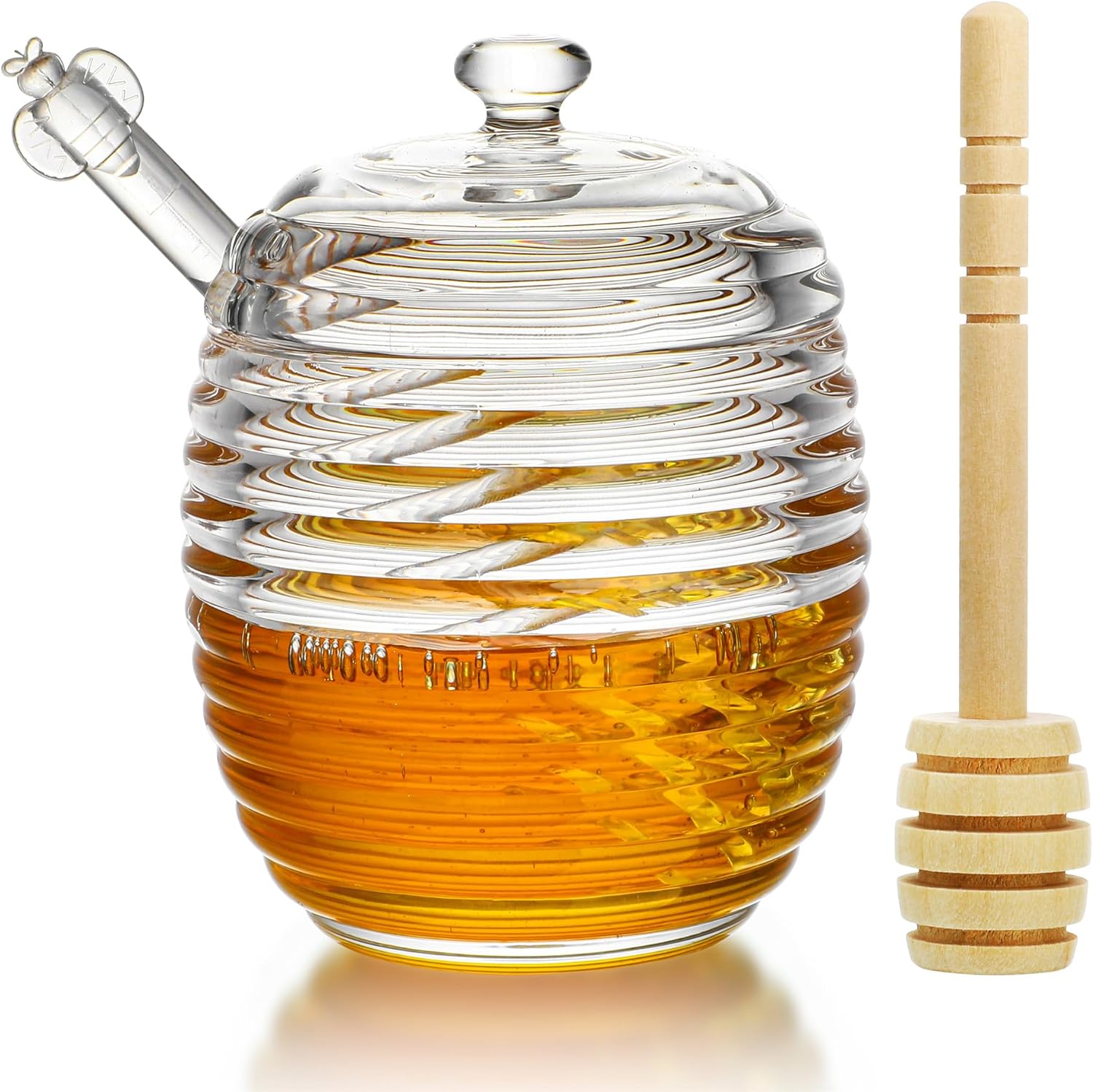 kanpura Glass Honey Dispenser Honey Jar with Dipper Clear Crystal Honey Pot for Christmas Home Kitchen Decoration Storage Honey Syrup Easy Clean 9oz