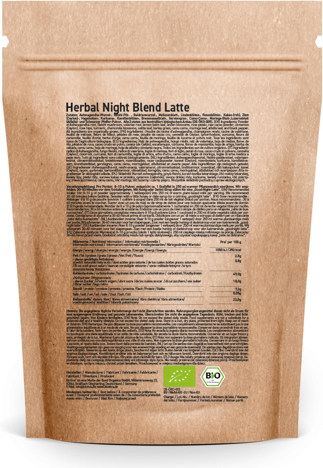Biotiva Herbal Night Blend Latte Bio 180g – Mit Ashwagandha, Reishi, Melisse, Kamille, Zimt & mehr – 100% naturrein & vegan – Aus ökologischem Anbau – DE-ÖKO-005 – Bild 2