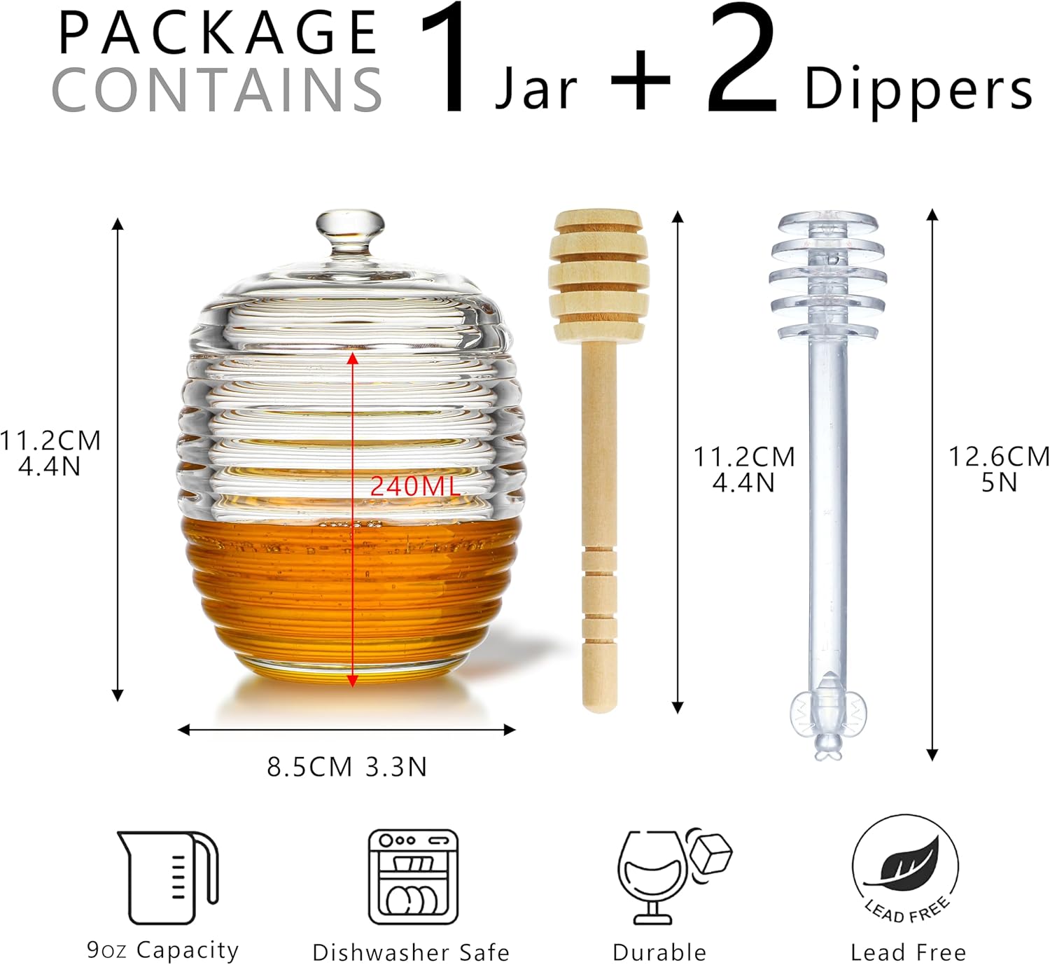 kanpura Glass Honey Dispenser Honey Jar with Dipper Clear Crystal Honey Pot for Christmas Home Kitchen Decoration Storage Honey Syrup Easy Clean 9oz – Bild 3