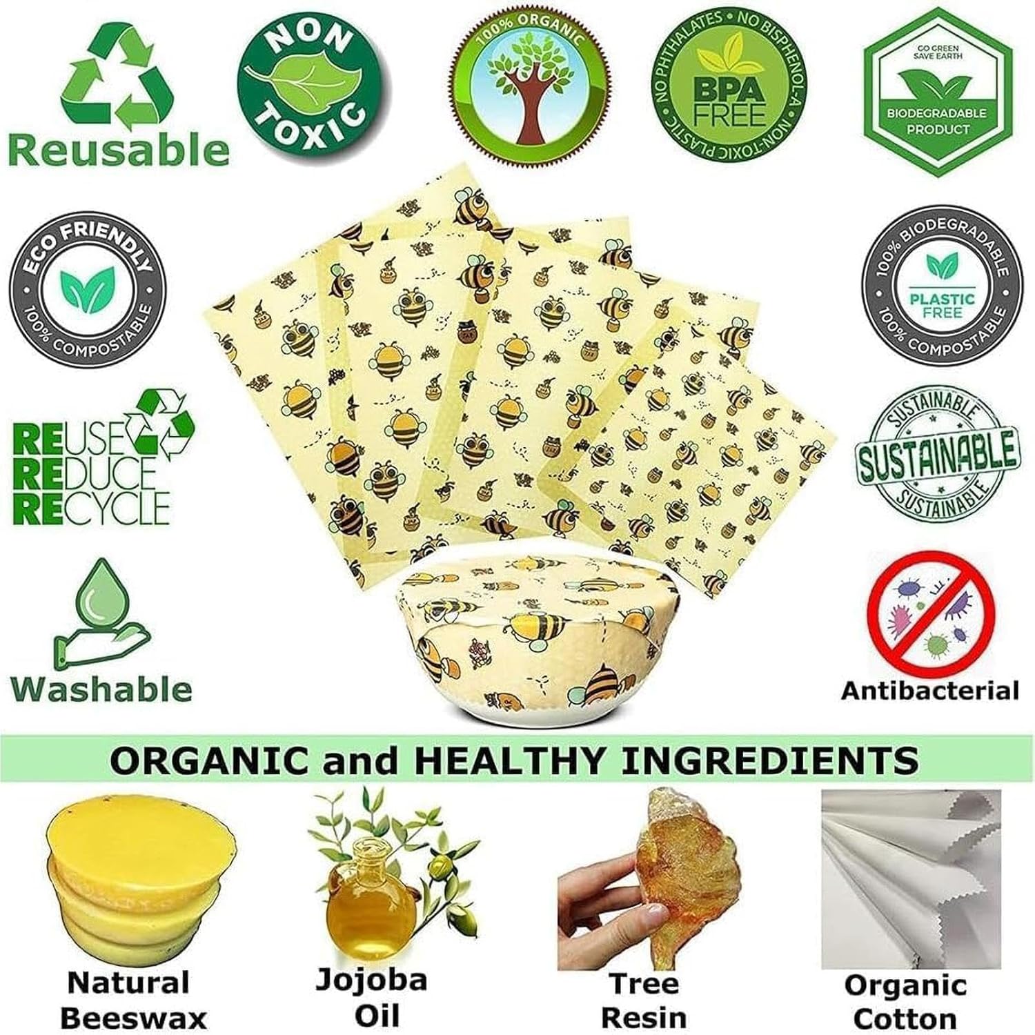 Lebensmittelverpackungen aus Bienenwachs, wiederverwendbare Lebensmittelverpackung aus Bienenwachs – nachhaltige wiederverwendbare Bienenwachs-Verpackung – 3 Stück Bienenwachs-Verpackung – Bild 6