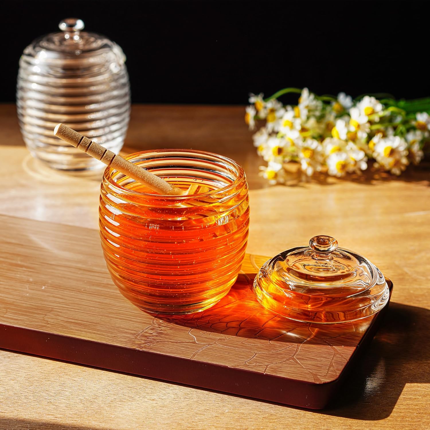 kanpura Glass Honey Dispenser Honey Jar with Dipper Clear Crystal Honey Pot for Christmas Home Kitchen Decoration Storage Honey Syrup Easy Clean 9oz – Bild 6