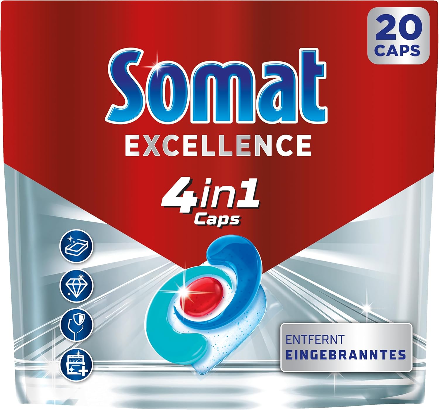 Somat Excellence 4-in-1 Caps (20 Caps), Quick Resolution Dishwasher Caps for Brilliant Shine Even in Low Temperature, Short & Eco Programs, Somat Caps Powerfully Remove Burnt On Food