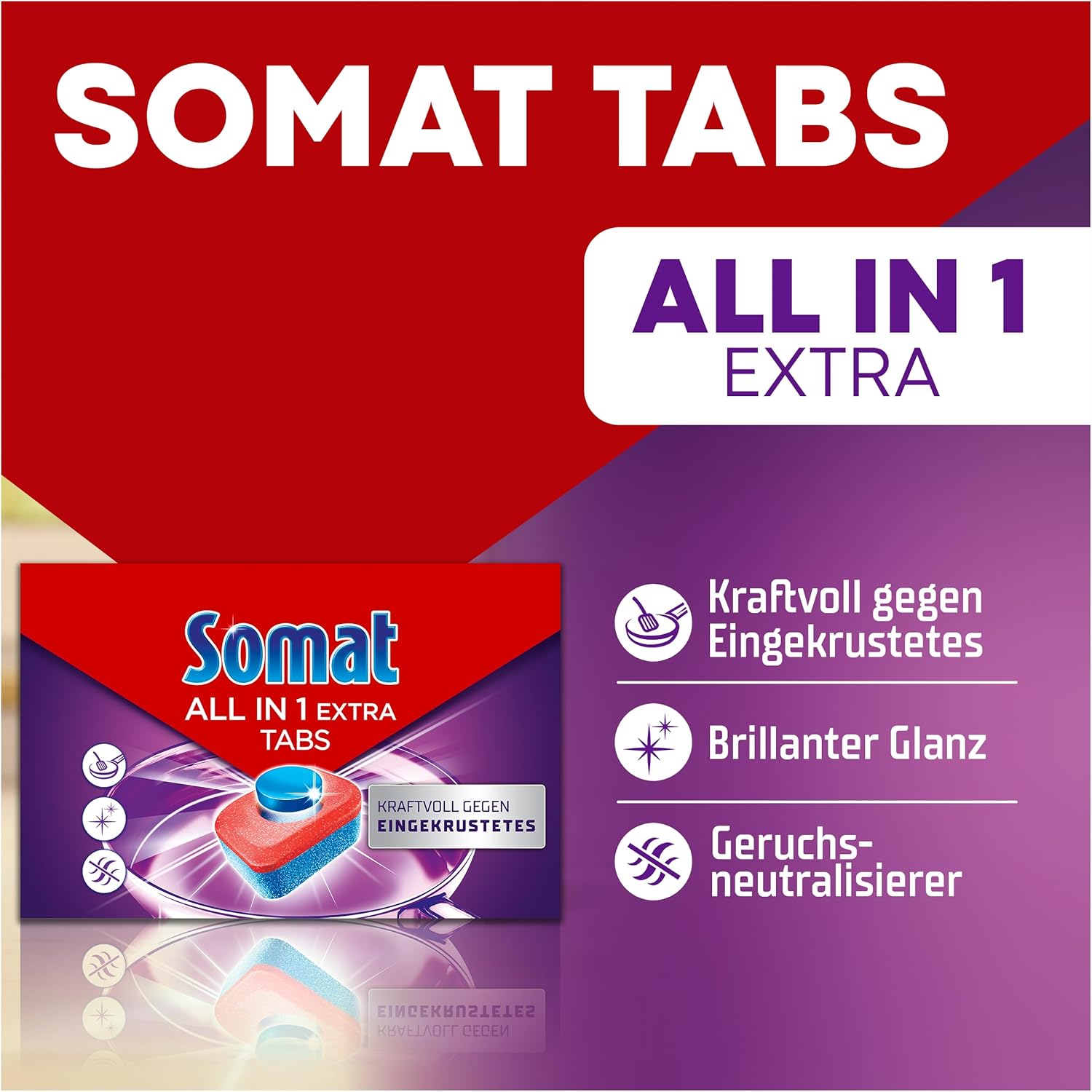 Somat All in 1 Extra Dishwasher Tabs (92 Tabs), Dish Rinse Tabs for Radiantly Clean Dishes, Even in Short & Eco Programs, Removes Crusted and Provides Brilliant Shine – Bild 3