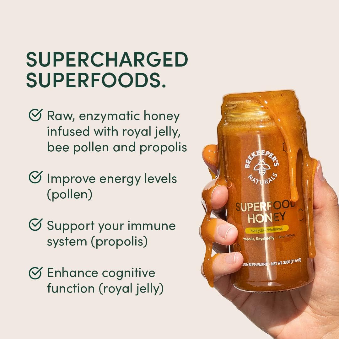 Superfood Honey by Beekeeper's Naturals - Bee Pollen, Royal Jelly, Propolis, Honey - Natural Energy, Immune Support, Mental Clarity, Athletic Performance (11.6 oz) - Image 7