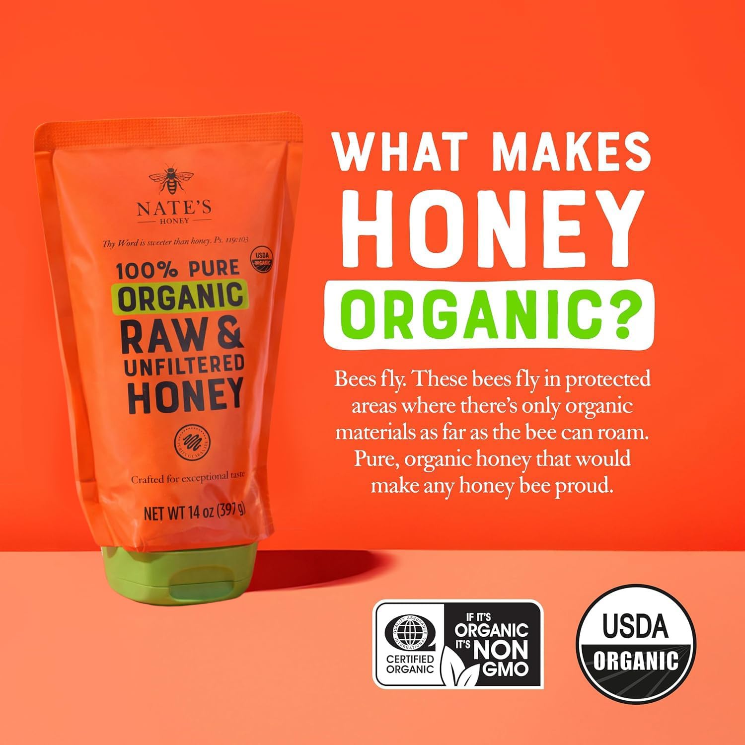 Nate's Organic Honey - 100% Pure USDA Organic Raw & Unfiltered Honey - 14 oz. No-Drip Sustainable Squeeze Pouch - Purity Guarantee, No Additives - Image 5