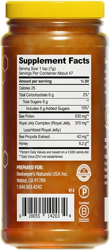 Superfood Honey by Beekeeper's Naturals - Bee Pollen, Royal Jelly, Propolis, Honey - Natural Energy, Immune Support, Mental Clarity, Athletic Performance (11.6 oz) - Image 2