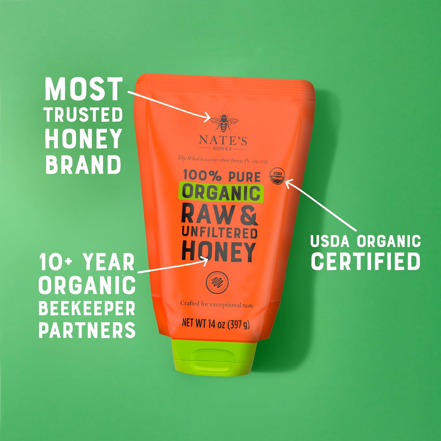 Nate's Organic Honey - 100% Pure USDA Organic Raw & Unfiltered Honey - Two 14 oz. No-Drip Sustainable Squeeze Pouches - Purity Guarantee, No Additives - Image 5