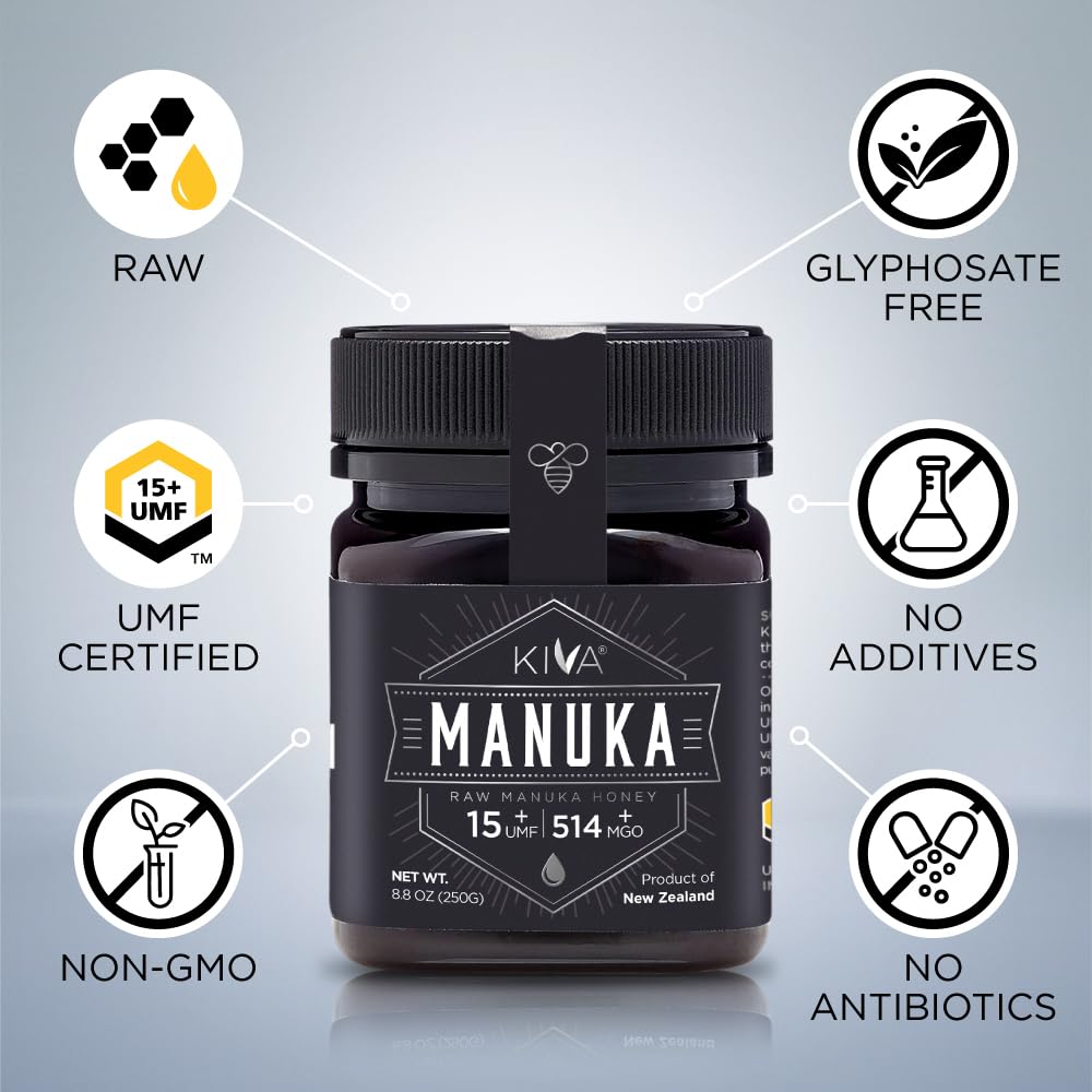 Kiva Raw Manuka Honey - Certified UMF 15+, MGO 514+ 100% Pure Genuine New Zealand, Non-GMO, Traceable (8.8oz/250g Bottle) - Image 7