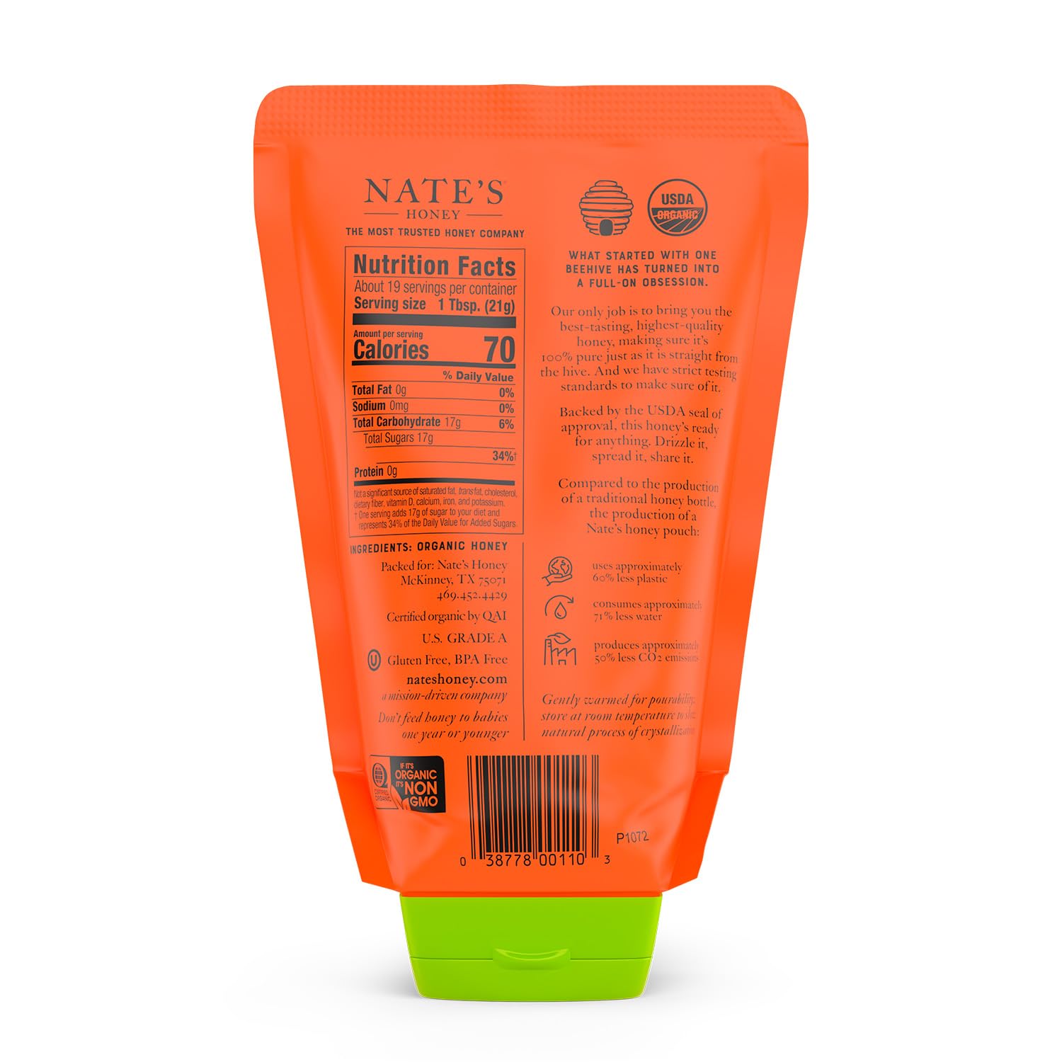 Nate's Organic Honey - 100% Pure USDA Organic Raw & Unfiltered Honey - Two 14 oz. No-Drip Sustainable Squeeze Pouches - Purity Guarantee, No Additives - Image 2