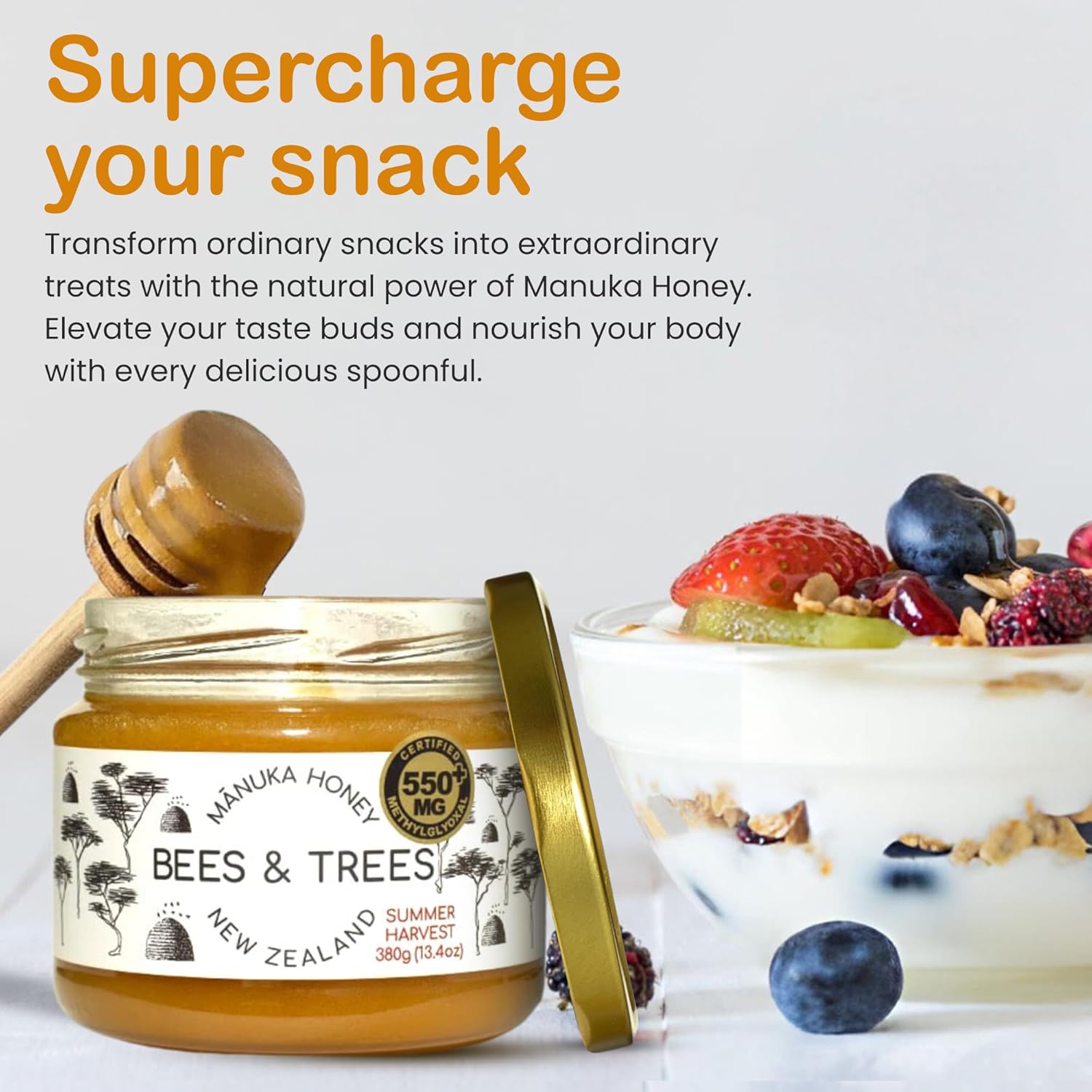 Bees & Trees Manuka Honey 550+ MGO - Raw Pure New Zealand Monofloral Honey – Unpasteurized & Natural Unfiltered Manuka for Tea, Coffee, Dressings, Smoothies & Daily Use – Glass Jar, 380g (13.4oz) - Image 5