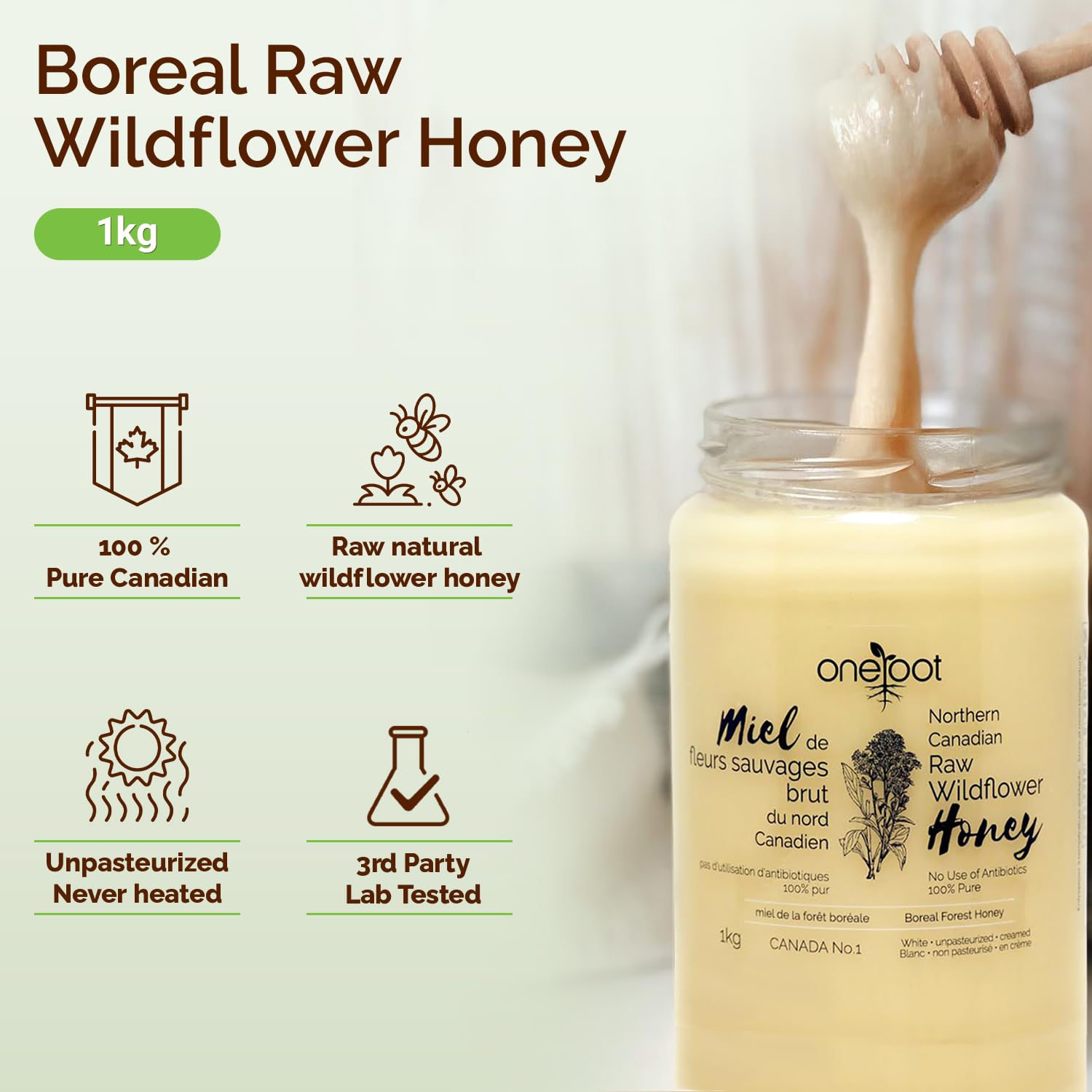 Oneroot 100% Canadian Wildflower Honey - 1kg / 2.2lbs, Unheated & Creamed - Nutrient-Rich, Natural Sweetener with Enzymes - Thick & Pure Raw Unfiltered Honey - Image 2