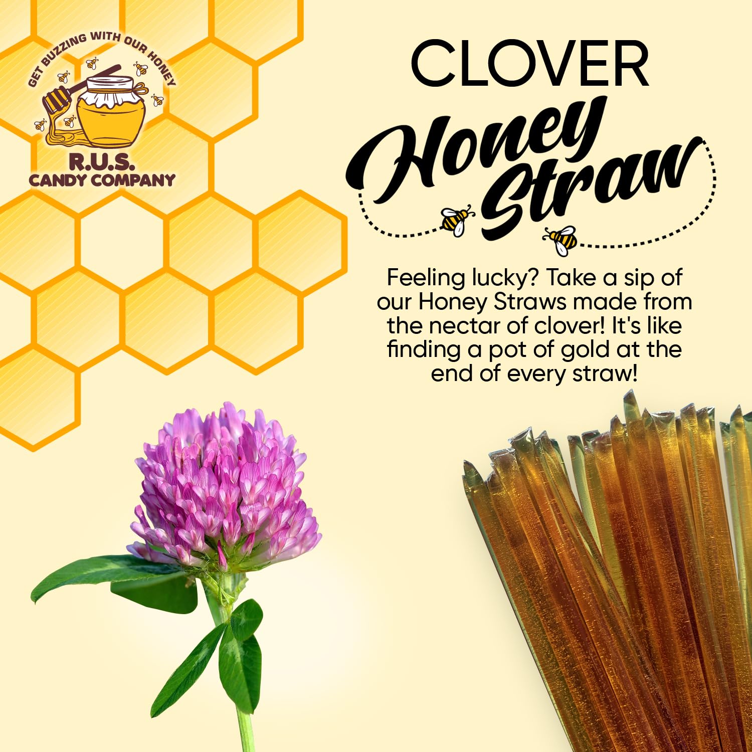 25 Pack Honey Sticks For Tea, Snacking, Honey Straws Packets Single Serve Stir Sticks, Natural Flavor by R.U.S Candy Company- (Clover) - Image 3