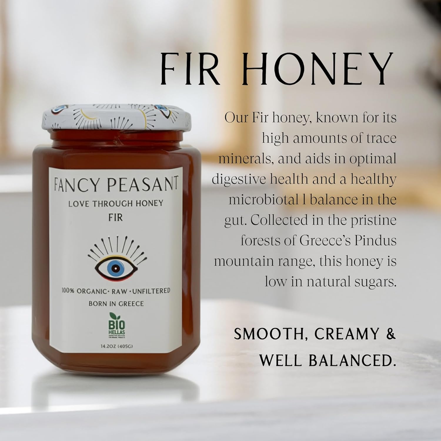 Fancy Peasant Greek Fir Honey, Organic Raw Honey Jar, Unfiltered, Pure & Natural, 14.2oz - Image 2
