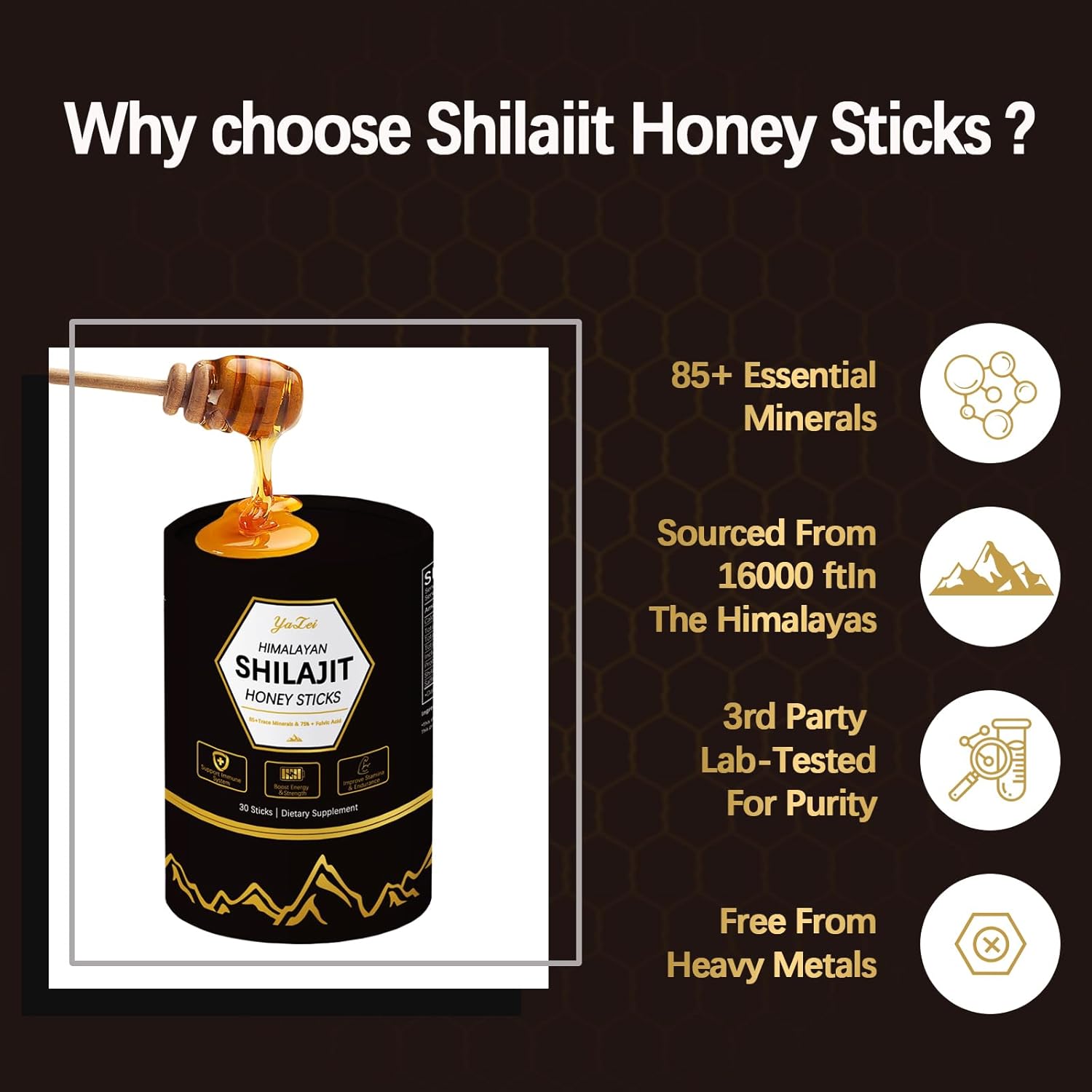 Himalayan Shilajit Honey Sticks,Black Thai Honey,with Organic Honeys & Saffron, 75%+ Fulvic Acid, 85%+ Trace Minerals for Enhance Energy & Strength & Immune,30 Sticks,Easy to Consume - Image 6