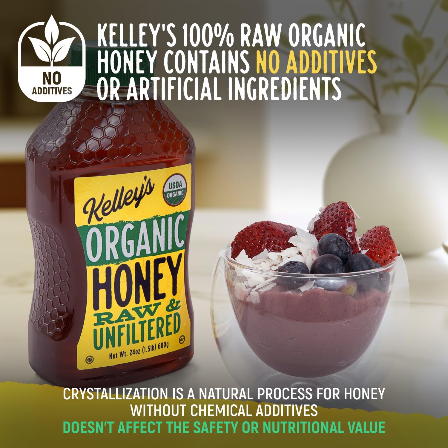 Kelley's 100% Organic Raw & Unfiltered Honey, USDA Certified, 24 Oz – All Natural, Flavor-Rich Honey for Fruits, Yogurt, Smoothies, Acai Bowls, Tea – Natural Sugar Substitute - Image 4