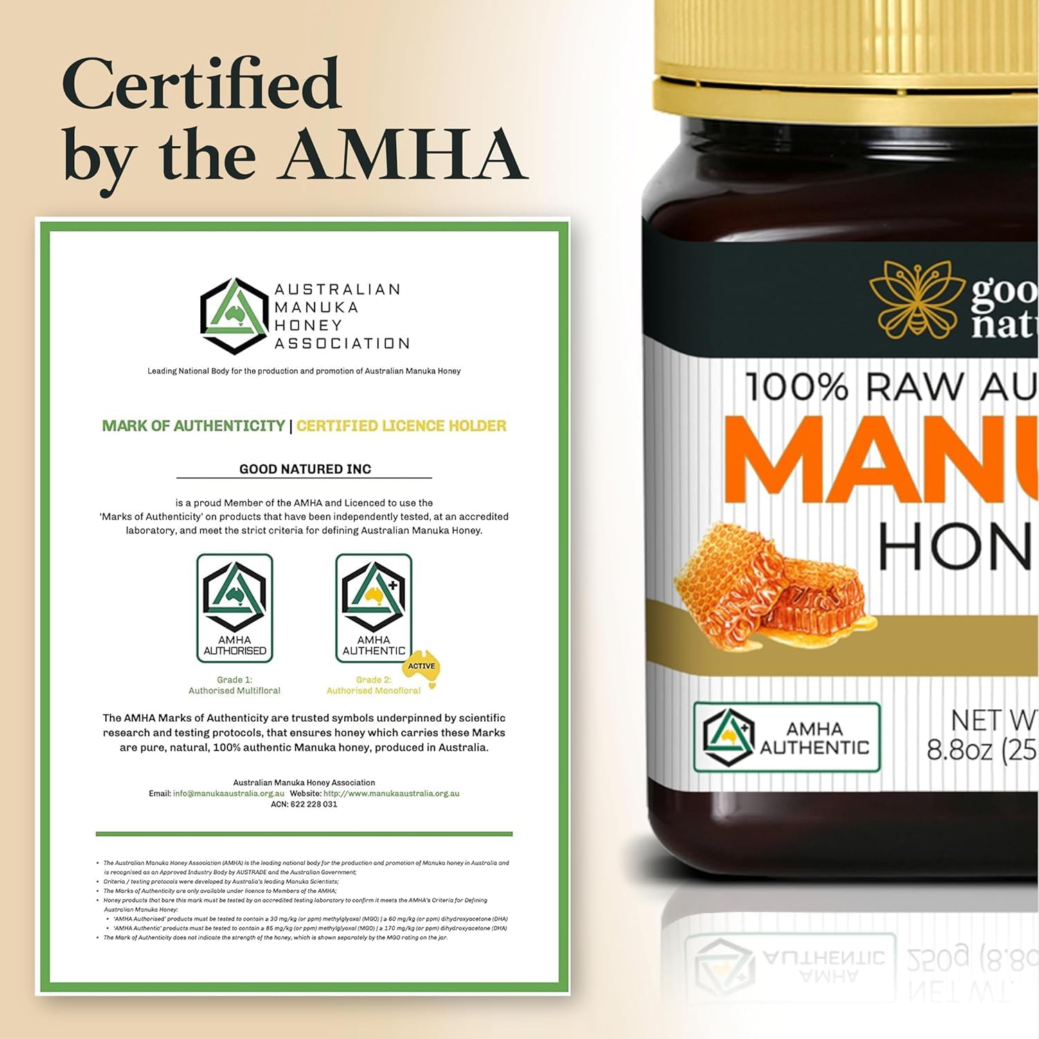 Good Natured Manuka Honey (MGO 850+) - High Grade Raw Manuka Honey Medical Grade, Non-GMO, Lab-Tested & AMHA Certified, BPA-free, 8.8 oz - Image 7