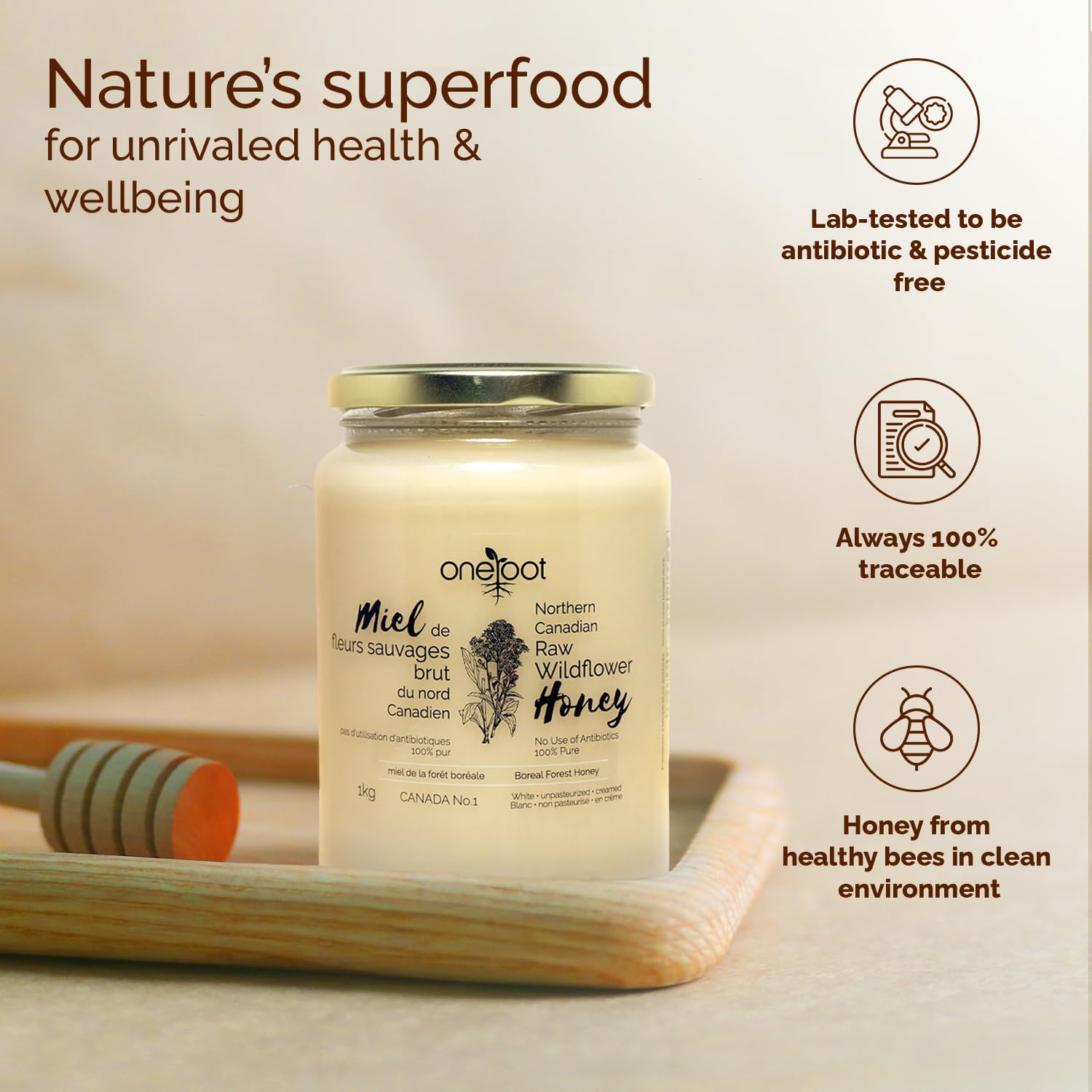 Oneroot 100% Canadian Wildflower Honey - 1kg / 2.2lbs, Unheated & Creamed - Nutrient-Rich, Natural Sweetener with Enzymes - Thick & Pure Raw Unfiltered Honey - Image 3