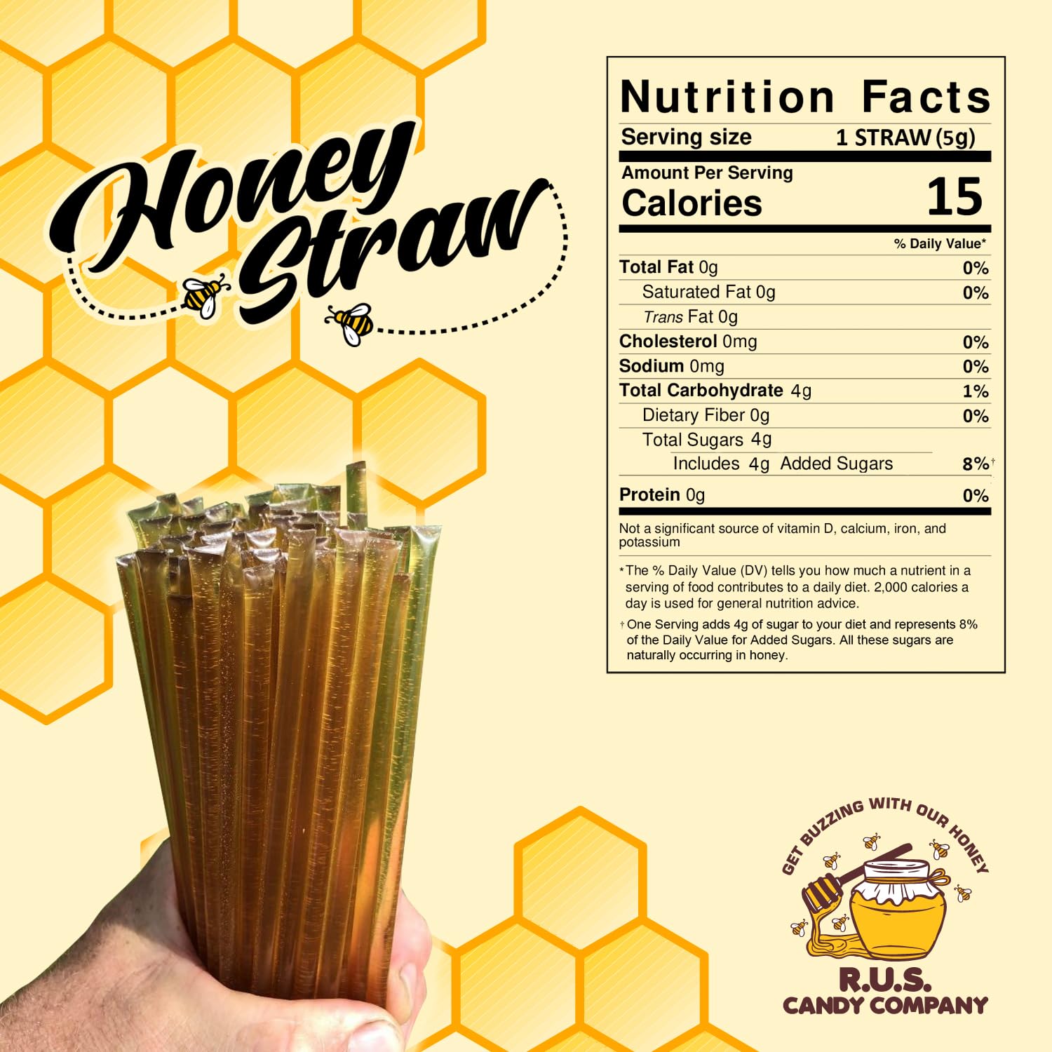 25 Pack Honey Sticks For Tea, Snacking, Honey Straws Packets Single Serve Stir Sticks, Natural Flavor by R.U.S Candy Company- (Clover) - Image 2
