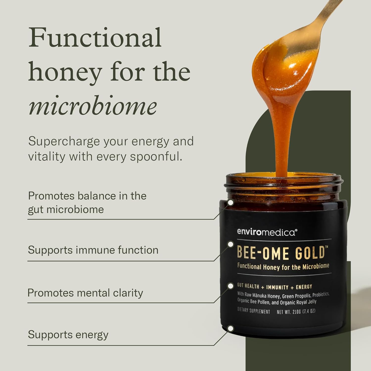 Bee-Ome Gold by Enviromedica - Unpasteurized Raw Manuka Honey with Probiotics, Royal Jelly, Bee Pollen & Propolis, Functional Superfood Honey, 7.4oz - Image 2