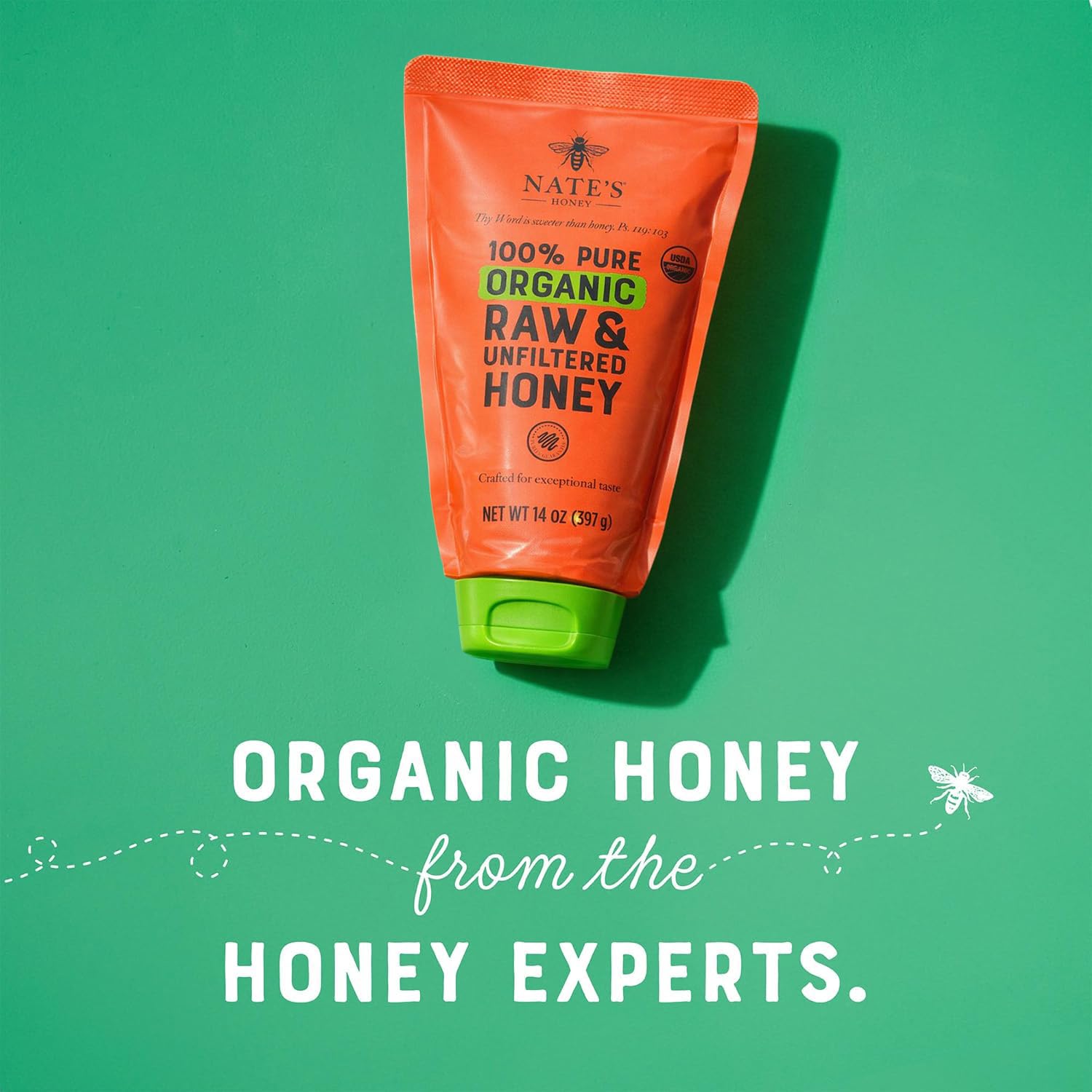 Nate's Organic Honey - 100% Pure USDA Organic Raw & Unfiltered Honey - Two 14 oz. No-Drip Sustainable Squeeze Pouches - Purity Guarantee, No Additives - Image 3