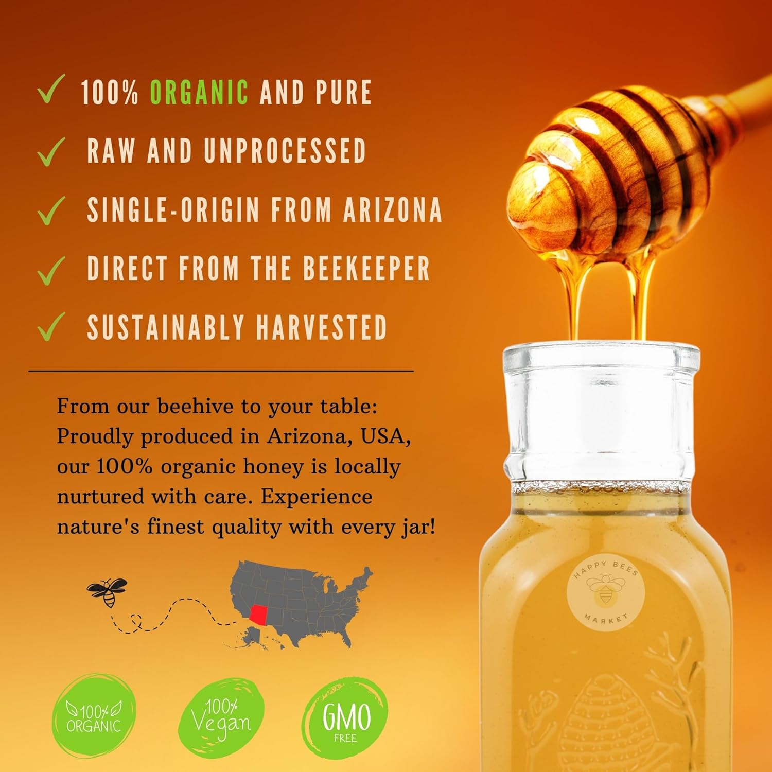 Happy Bees Market Organic Wildflower Honey – Pure, Raw, and Unfiltered | 100% Organic Arizona Wildflower Honey - Image 3