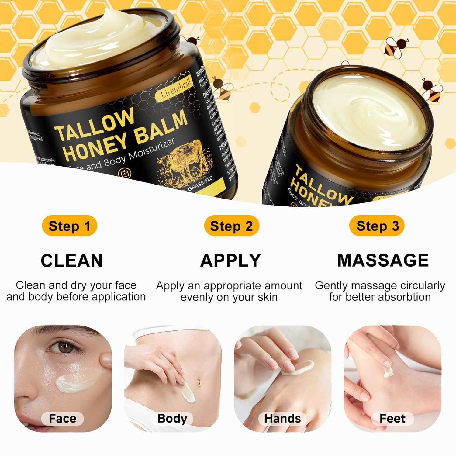 Organic Beef Tallow Honey Balm for Skin & Face, Whipped Beef Tallow Face Moisturizer with Raw Honey, Grass Fed Cow Beef Tallow Cream, All Natural Pure Body Lotion for Women & Men, Unscented 4.2 OZ - Image 7