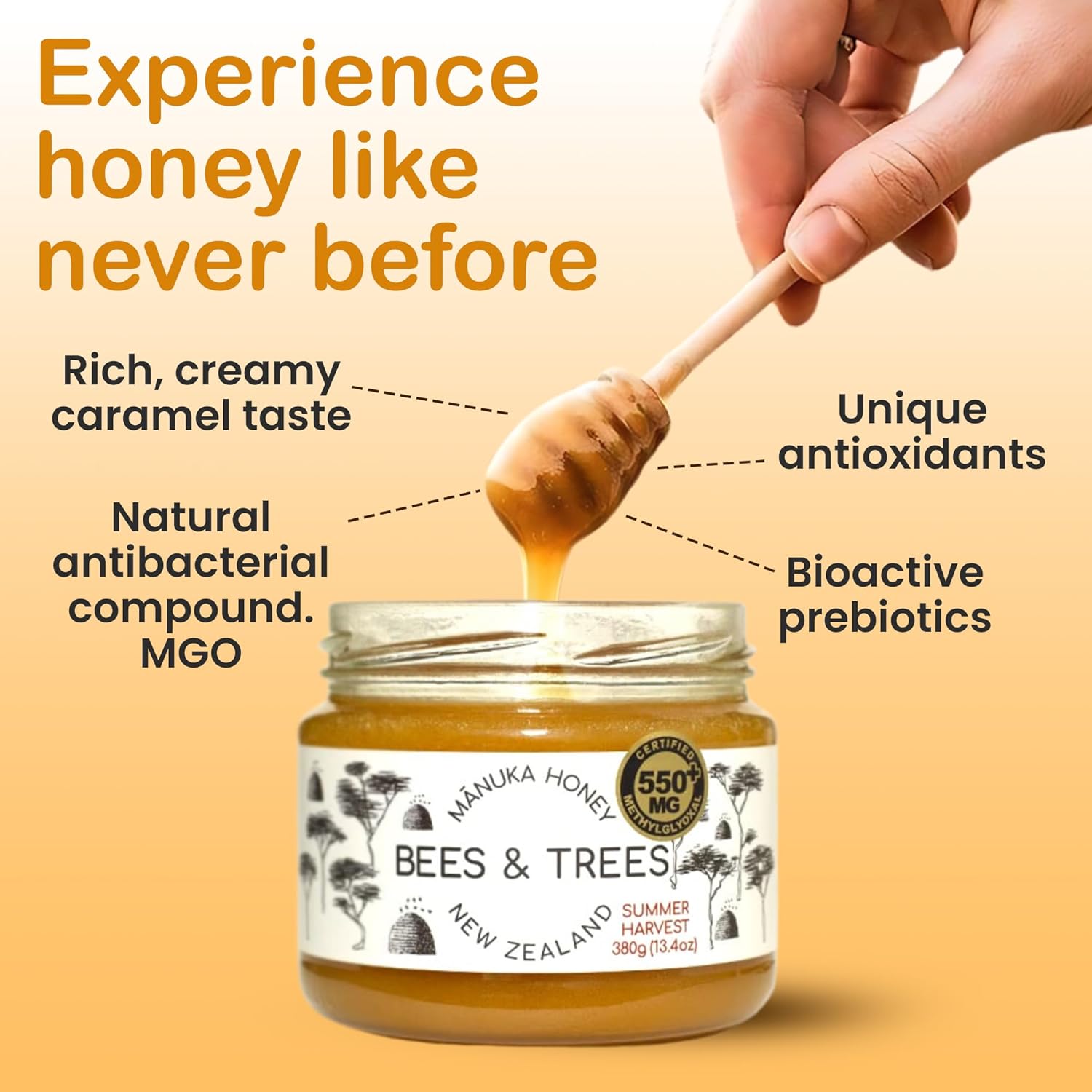 Bees & Trees Manuka Honey 550+ MGO - Raw Pure New Zealand Monofloral Honey – Unpasteurized & Natural Unfiltered Manuka for Tea, Coffee, Dressings, Smoothies & Daily Use – Glass Jar, 380g (13.4oz) - Image 4