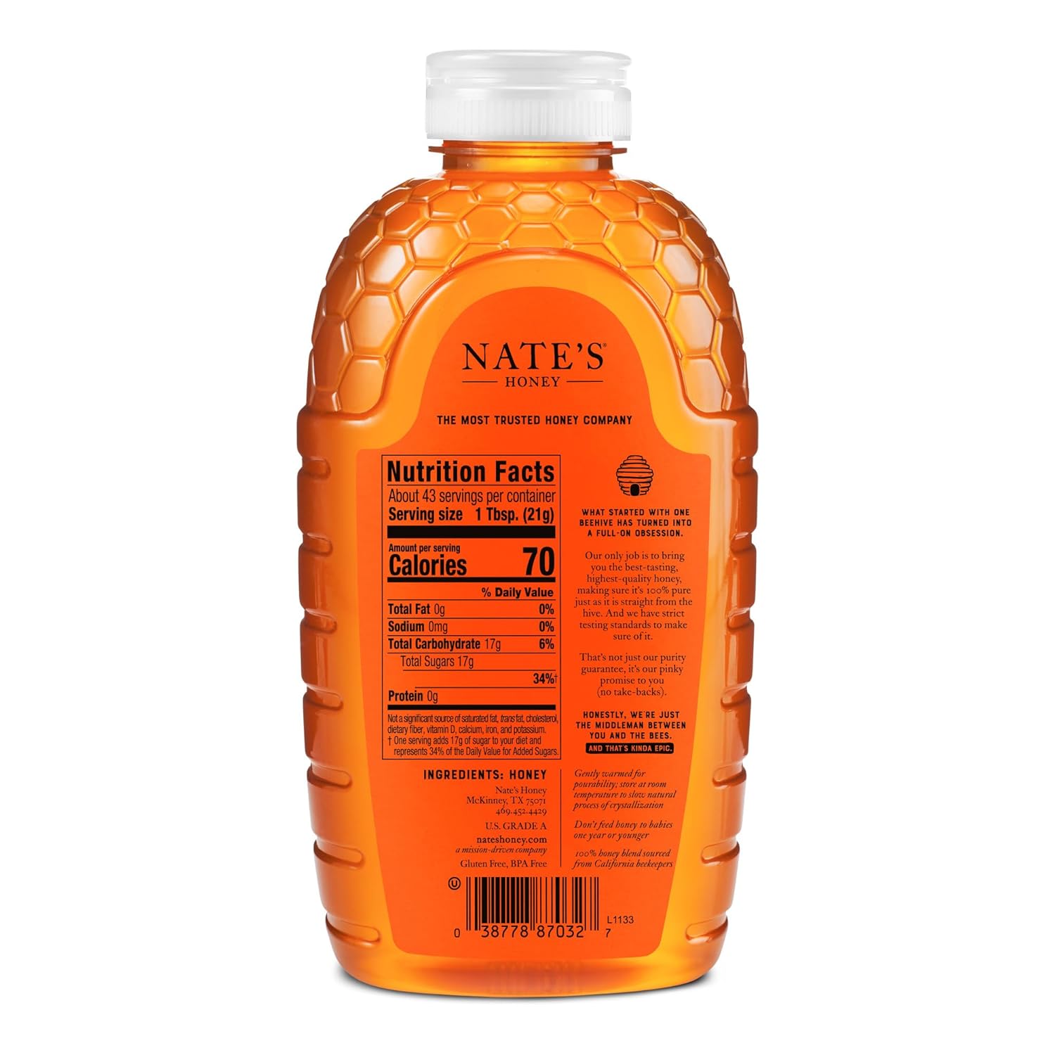 Nate's California 100% Pure, Raw & Unfiltered Honey - 32 oz. Squeeze Bottle - All-natural Sweetener - Image 2