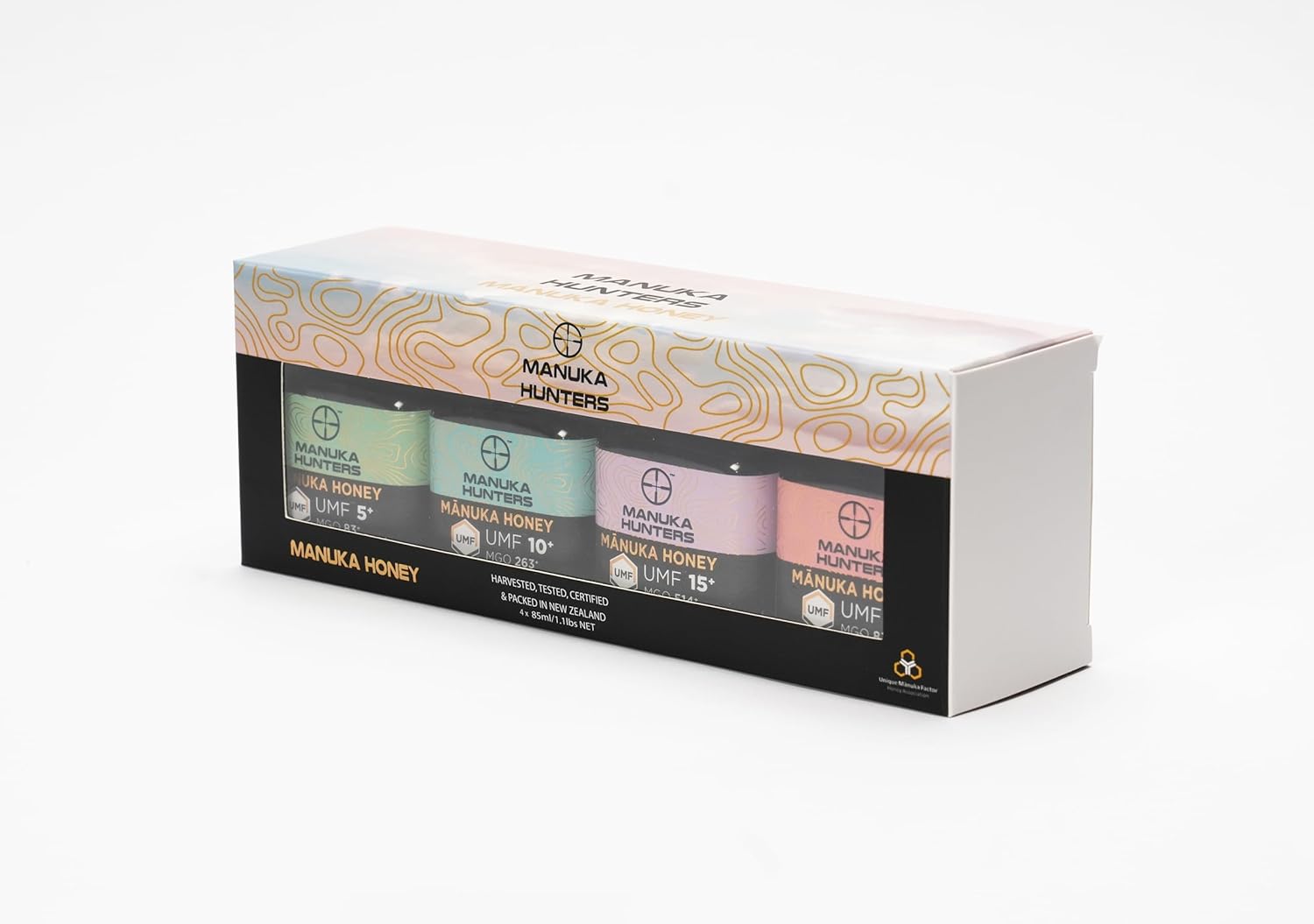 Manuka Hunters Raw New Zealand Honey Gift Set 4-Pack Honey Sampler with UMF 5+,10+,15+,20+ (125g = 85ml Each) – 100% Pure Natural Sweetener - Ideal for Tea, Coffee, Smoothies, Baking - Sustainable - Image 8