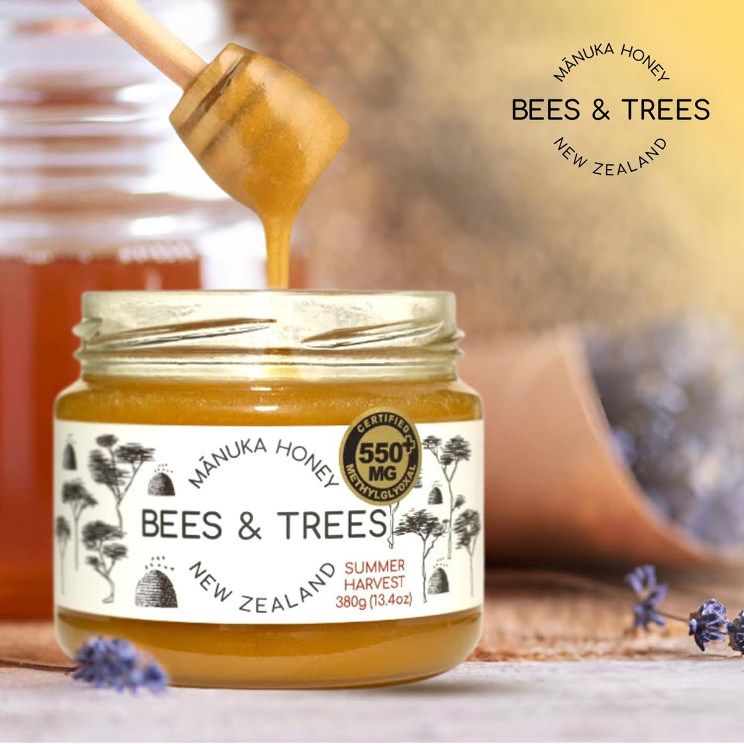 Bees & Trees Manuka Honey 550+ MGO - Raw Pure New Zealand Monofloral Honey – Unpasteurized & Natural Unfiltered Manuka for Tea, Coffee, Dressings, Smoothies & Daily Use – Glass Jar, 380g (13.4oz) - Image 6