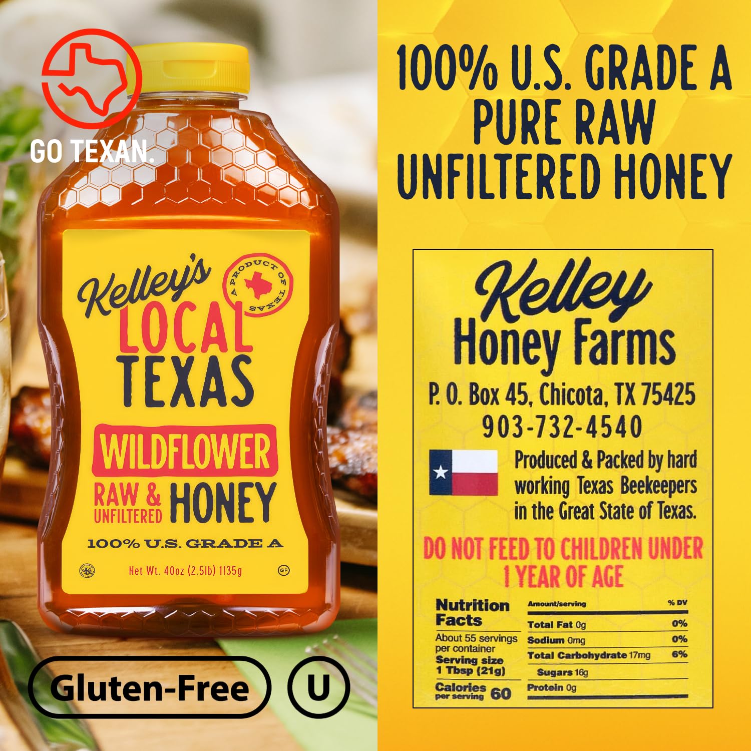 Kelley's Local Texas Honey – Wildflower, 40 oz – 100% Pure, Raw & Unfiltered – All-Natural American Honey for Tea, Baking, Yogurt, Toast & BBQ - Image 2