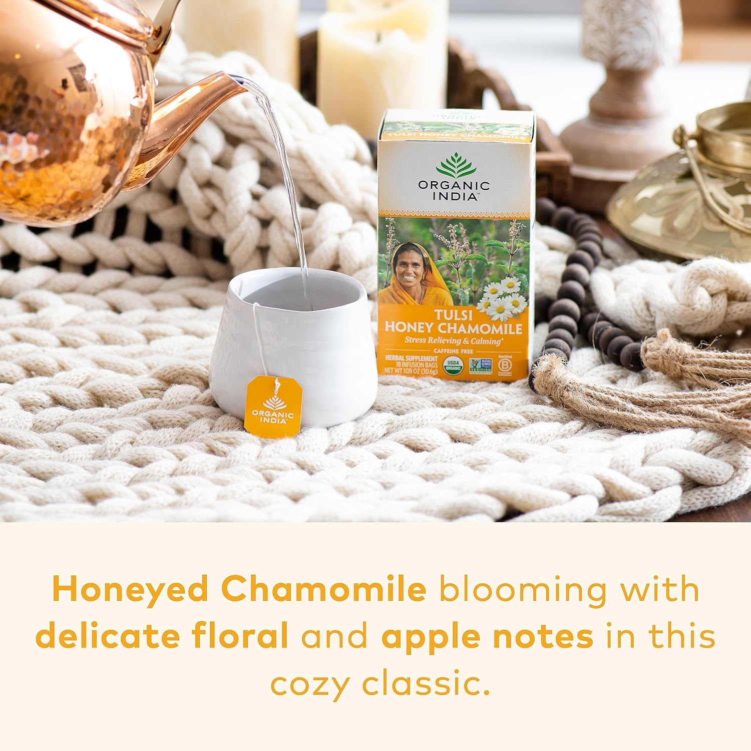 Organic India Tulsi Honey Chamomile Tea Bags - Herbal Tea for Stress Relieving & Calming, Immune Support, Adaptogen, Gluten-Free, USDA Certified Organic, Caffeine-Free - 18 Infusion Bags, 6 Pack - Image 2