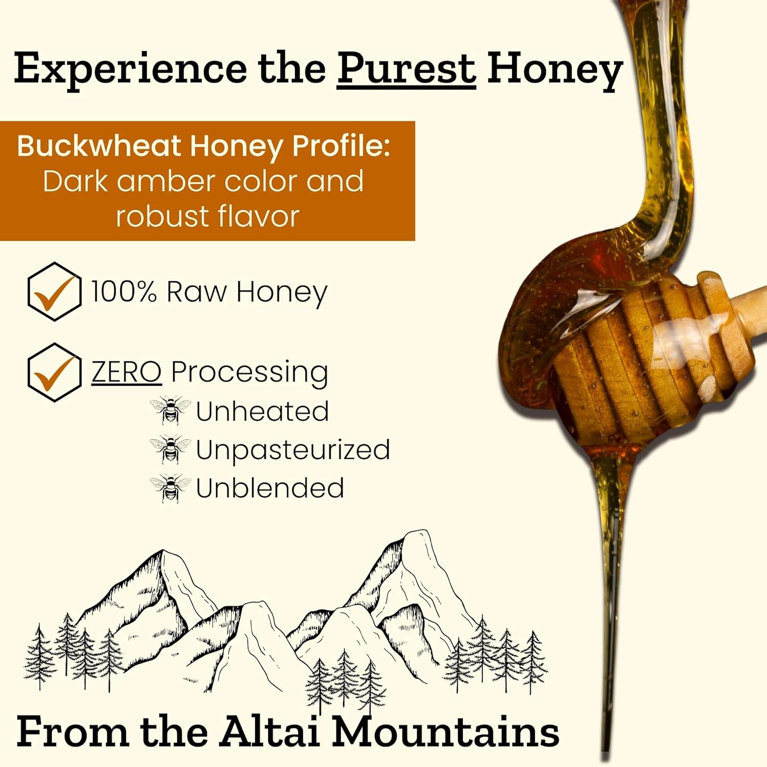 Altay Raw Buckwheat Honey - 100% Pure, Unfiltered, Unpasteurized, Ethically Sourced - Glass Jar, 908g / 35.2oz - Image 3