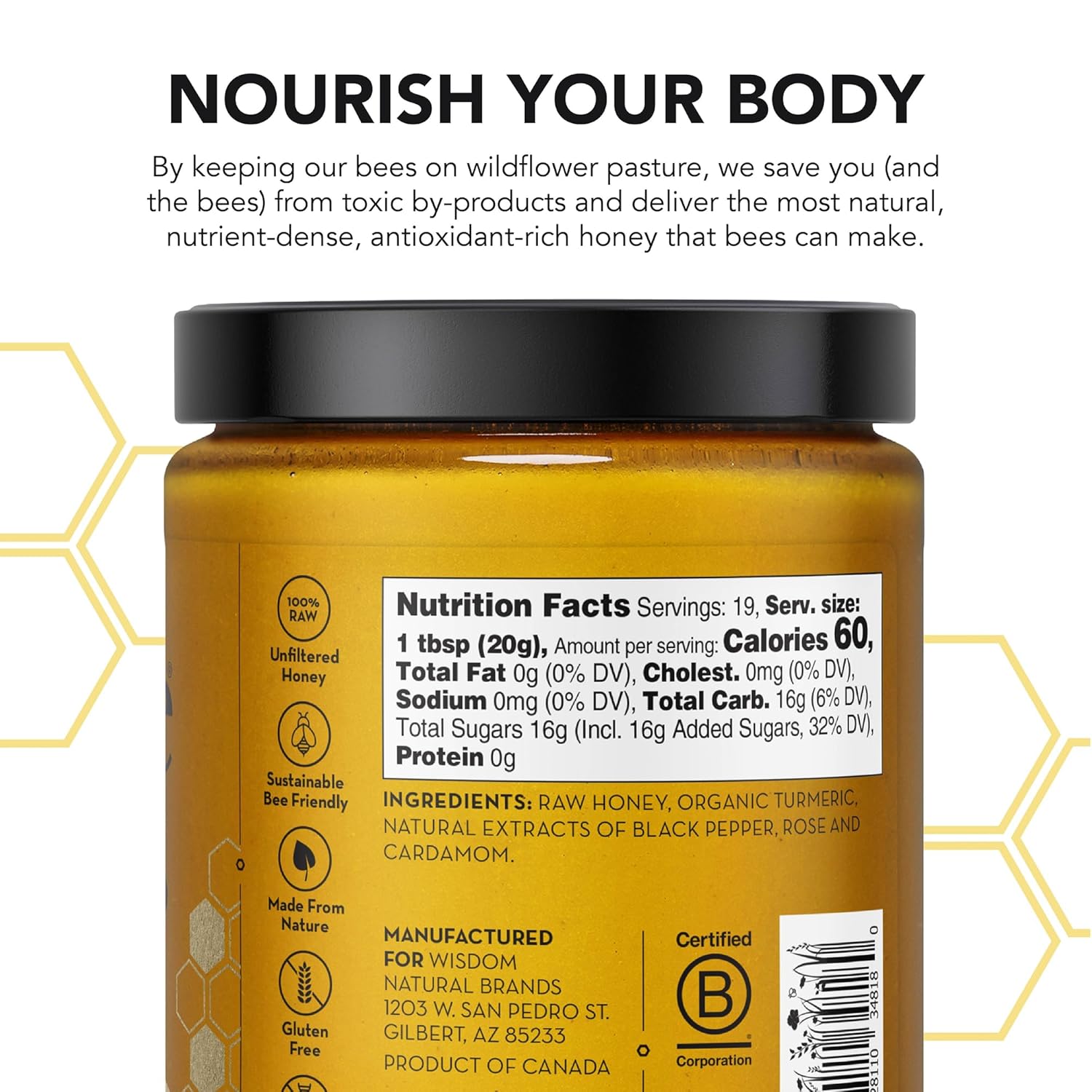 Drizzle Turmeric Gold Raw Honey - All Natural Pure Raw Honey with Organic Turmeric, Unfiltered, Use in Tea, Golden Milk, & Coffee, Sugar Substitute, Certified Kosher - 13.2 oz Jar (375 g) - Image 2