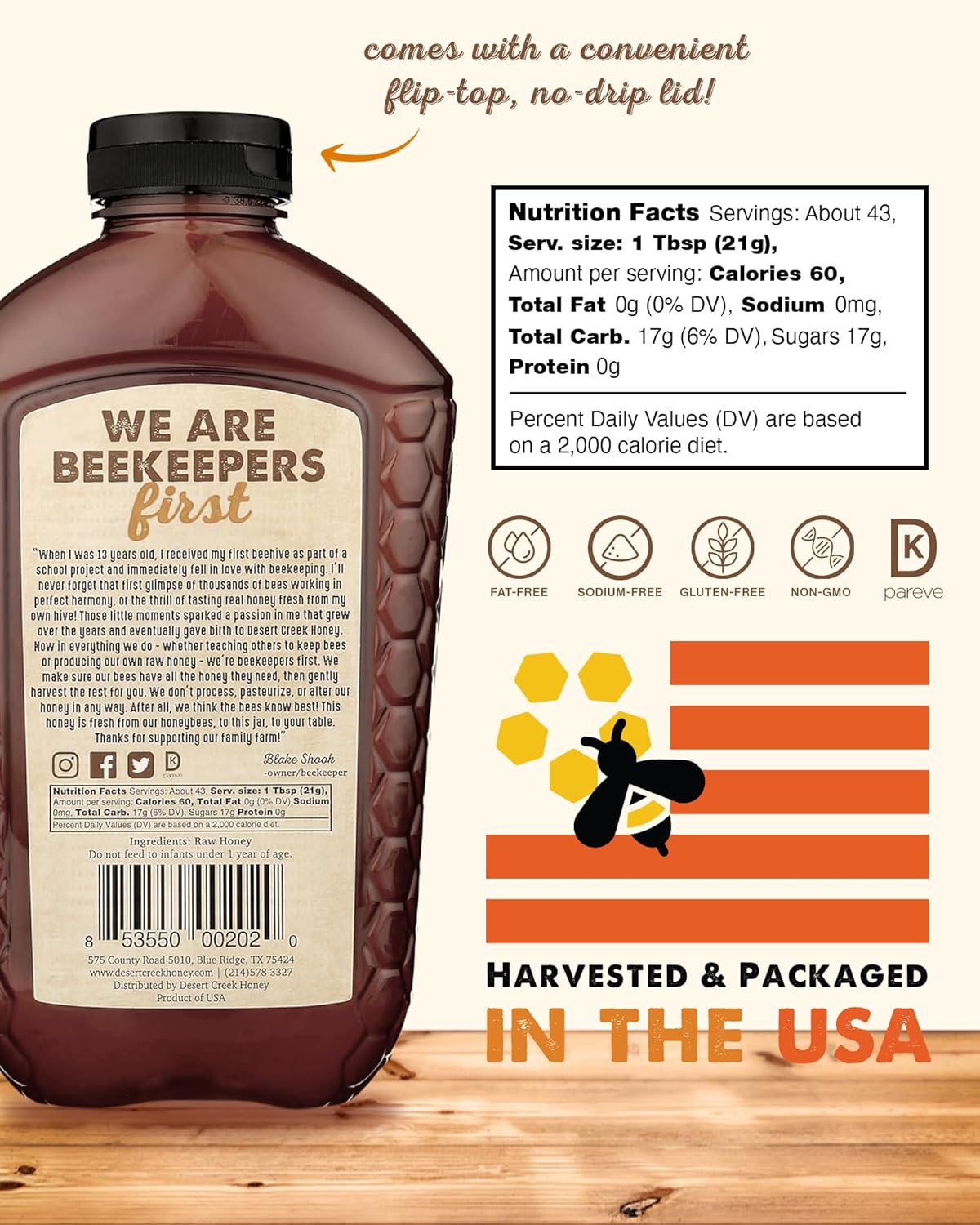 Desert Creek Honey - 100% Unfiltered, Pure, Raw Honey from Texas - Natural Sugar Substitute - Two Pounds of Unprocessed, Unpasteurized American Honey - Harvested by Our Own Beekeepers - Image 2