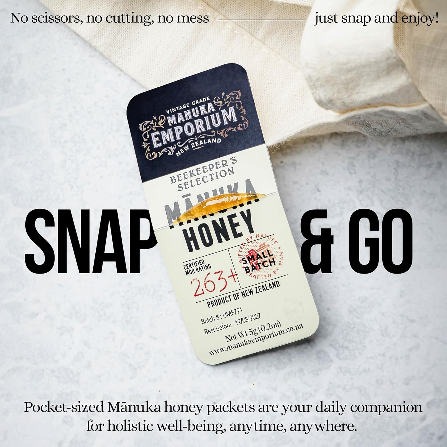 Manuka Emporium Raw Manuka Honey Packets MGO 263+ | 24 x 0.18oz Single-Serve Snaps | Certified Monofloral New Zealand Honey | UMF 10+ Equivalent | Travel-Friendly Superfood for Daily Wellness - Image 2