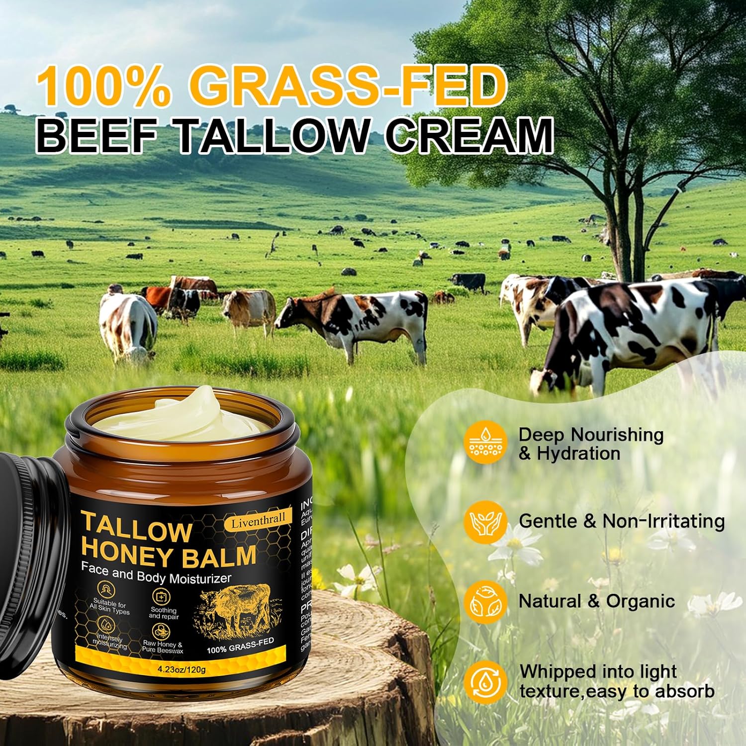 Organic Beef Tallow Honey Balm for Skin & Face, Whipped Beef Tallow Face Moisturizer with Raw Honey, Grass Fed Cow Beef Tallow Cream, All Natural Pure Body Lotion for Women & Men, Unscented 4.2 OZ - Image 5