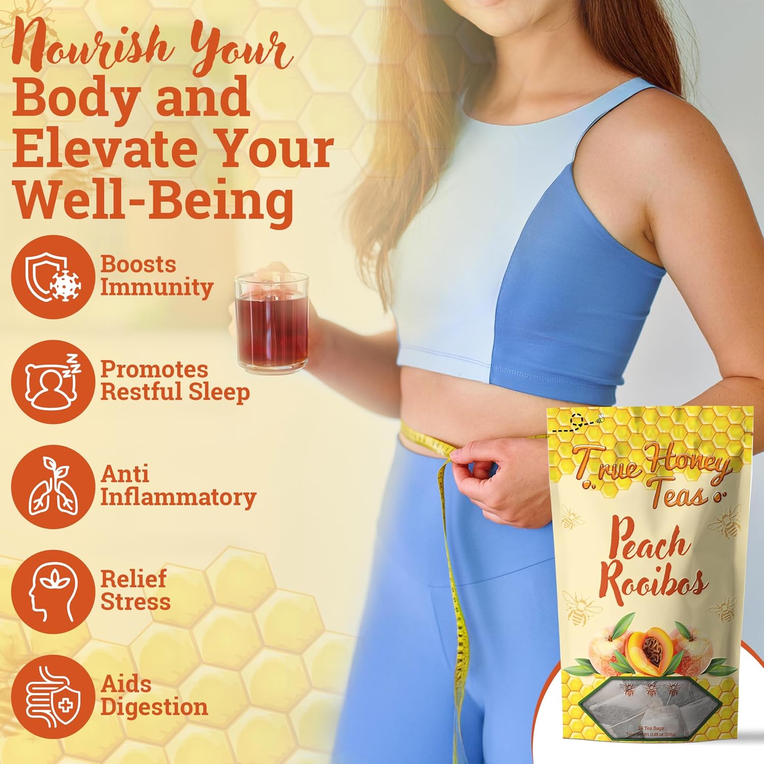 True Honey Teas Peach Rooibos Tea Bags - All Natural Organic Rooibos with Dried Peach Juice - Herbal Caffeine-Free Blended with Honey Crystals - 24 Count - Image 2