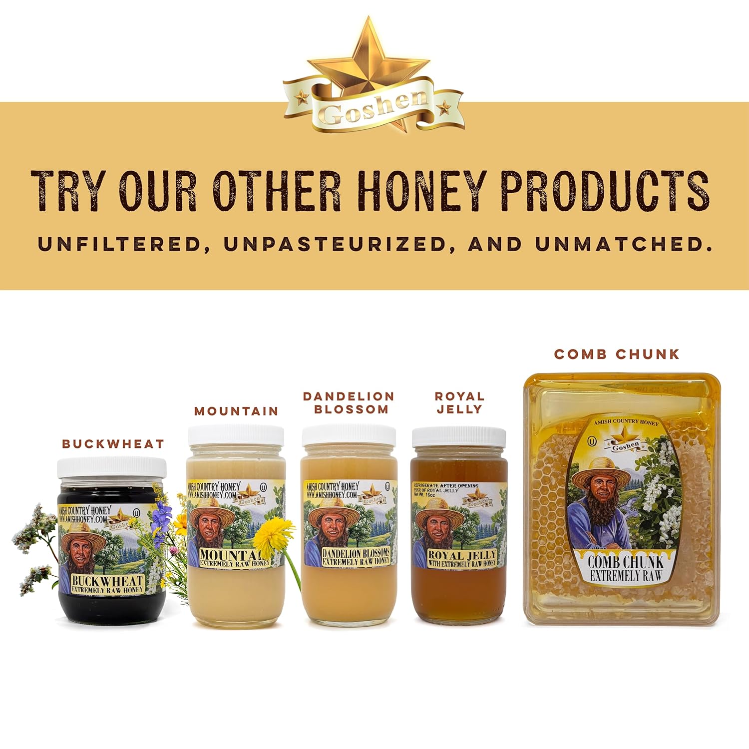 Goshen Amish Raw Honey Bee Complex - With 4 Types of Honey plus 4 Bee Hive Products - Unfiltered, Unprocessed, Pure & Natural Bee Essence - Wellness & Energy - Dairy & Gluten Free - 454g /16 Oz - Image 7