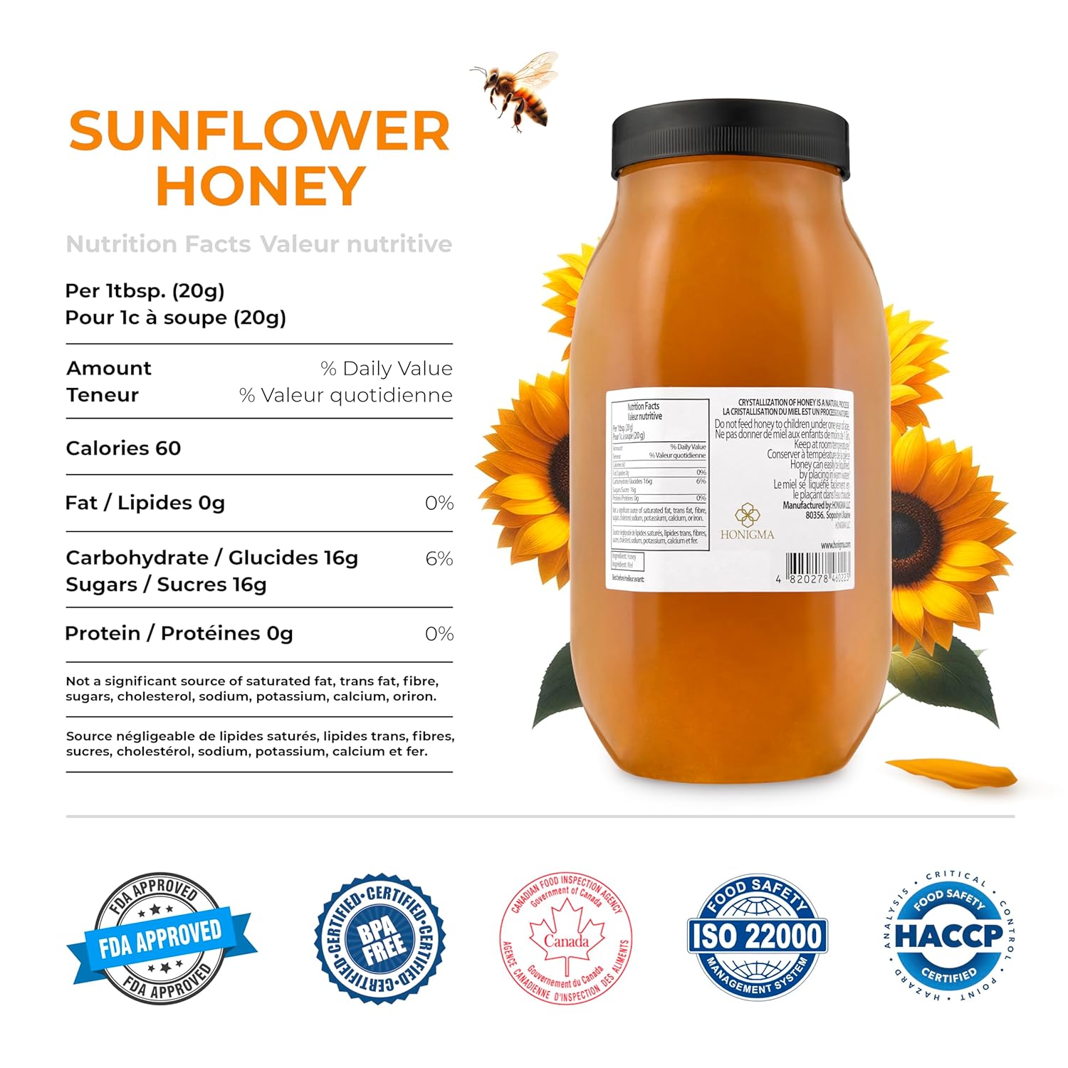 HONIGMA® Marma Sunflower Honey | Authentic Raw Honey from Ukraine | 100% Pure, Unpasteurized & Fully Crystallized | 1000g/35.2oz | Naturally Solid Texture | Pack of 4 - Image 2