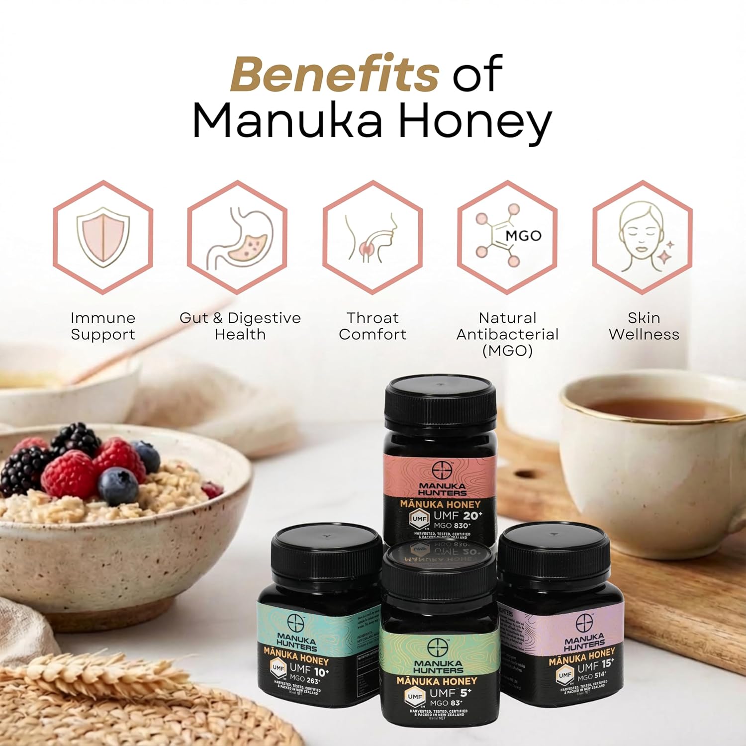 Manuka Hunters Raw New Zealand Honey Gift Set 4-Pack Honey Sampler with UMF 5+,10+,15+,20+ (125g = 85ml Each) – 100% Pure Natural Sweetener - Ideal for Tea, Coffee, Smoothies, Baking - Sustainable - Image 3