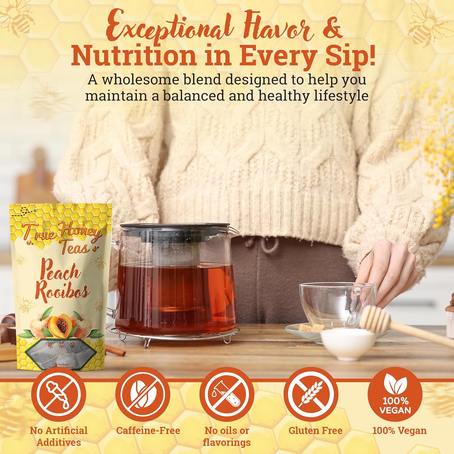 True Honey Teas Peach Rooibos Tea Bags - All Natural Organic Rooibos with Dried Peach Juice - Herbal Caffeine-Free Blended with Honey Crystals - 24 Count - Image 4