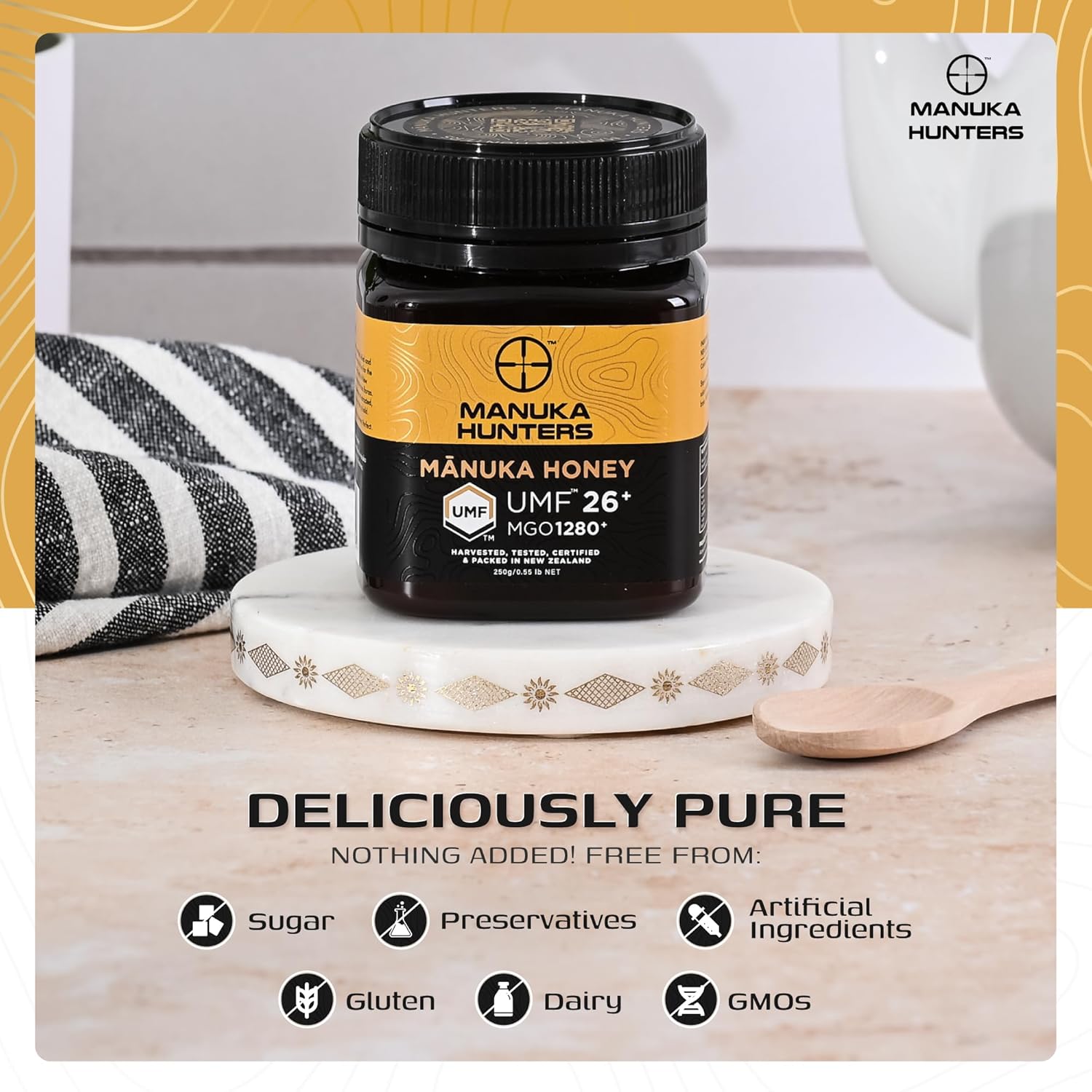 Manuka Hunters UMF 26+/MGO 1280+ Certified New Zealand Manuka Honey - 100% Pure Natural Sweetener - Gluten, Dairy Free - Ideal for Tea, Coffee, Smoothies, and Baking - Sustainable - 8.8oz/250g Jar - Image 3