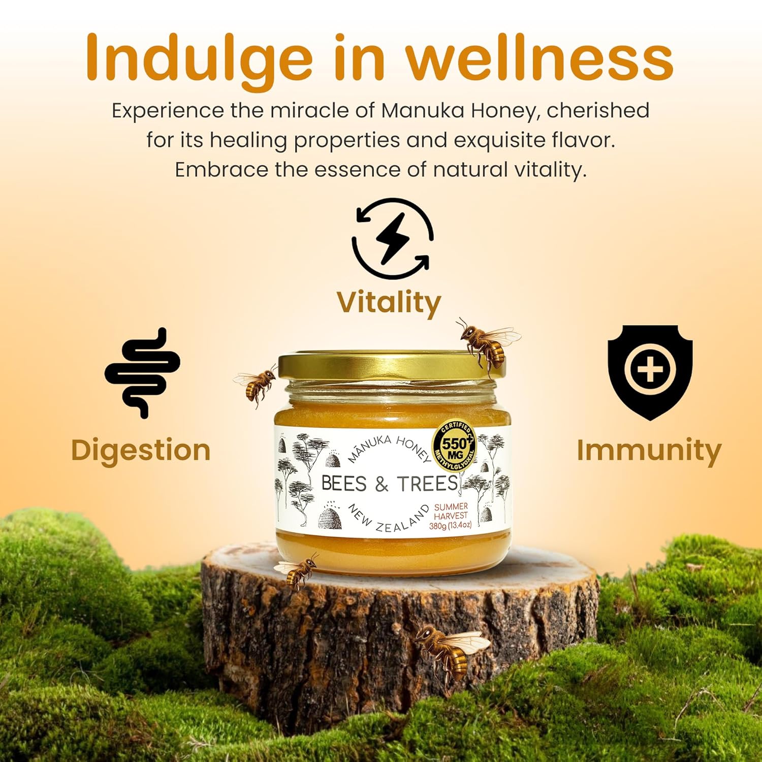 Bees & Trees Manuka Honey 550+ MGO - Raw Pure New Zealand Monofloral Honey – Unpasteurized & Natural Unfiltered Manuka for Tea, Coffee, Dressings, Smoothies & Daily Use – Glass Jar, 380g (13.4oz) - Image 2